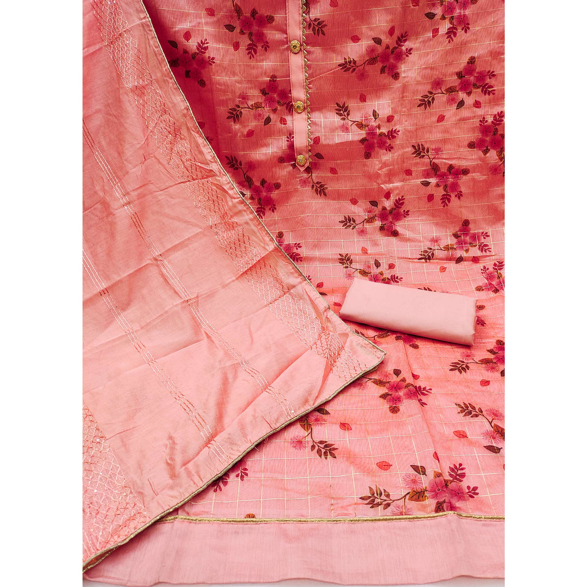 Pink Floral Printed Chanderi Dress Material