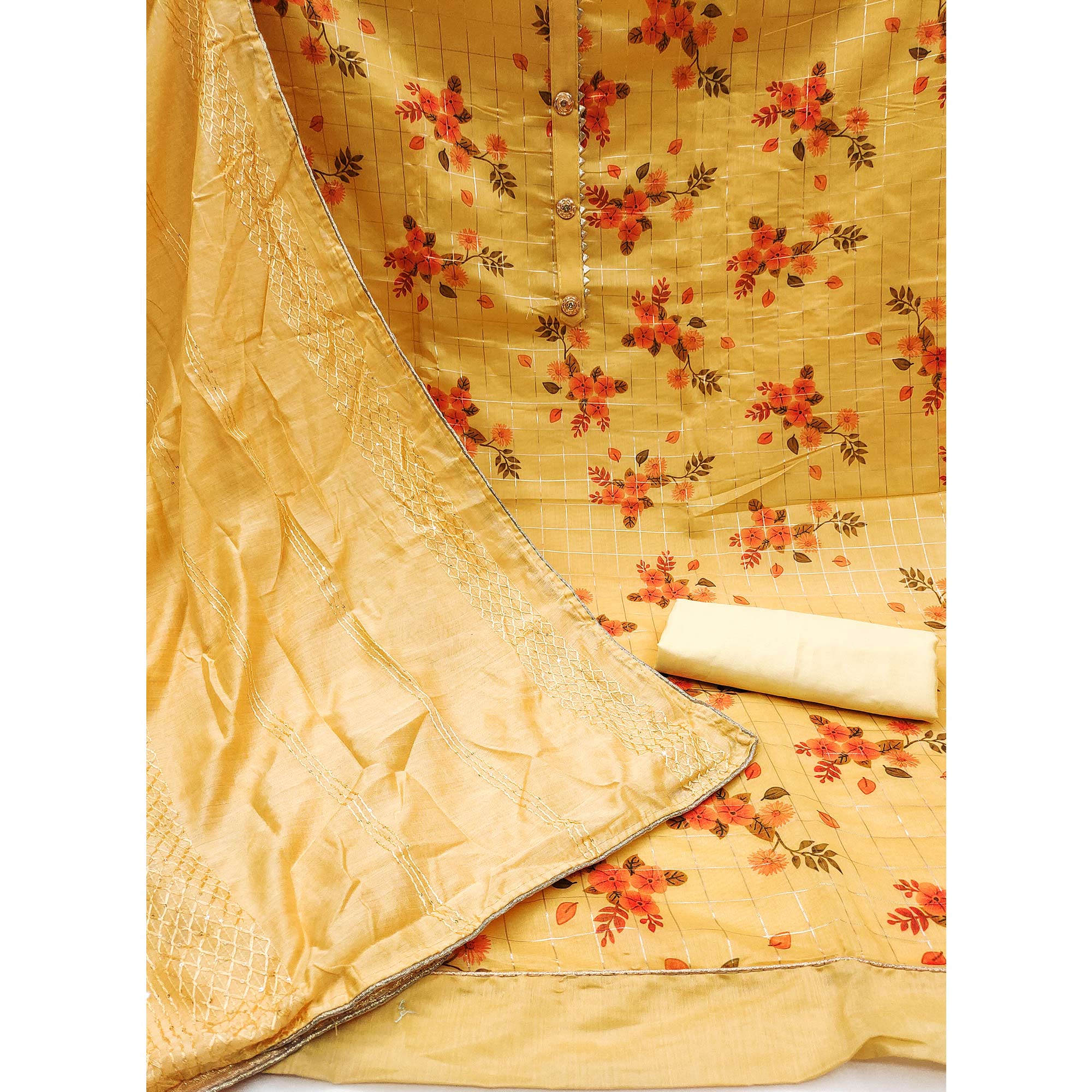 Yellow Floral Printed Chanderi Dress Material