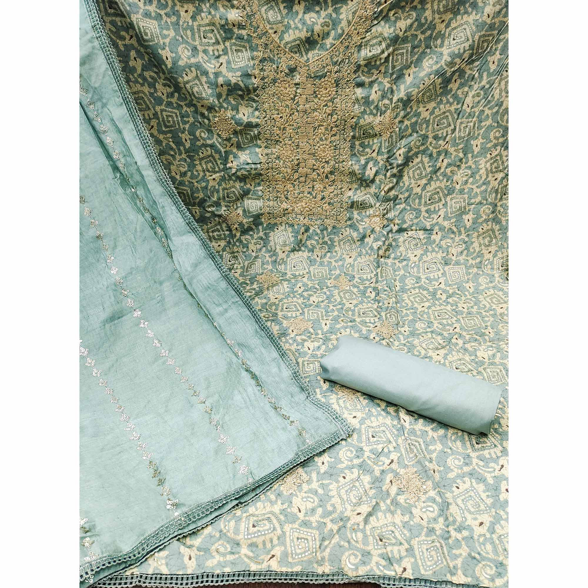 Blue Embroidered With Printed Muslin Dress Material