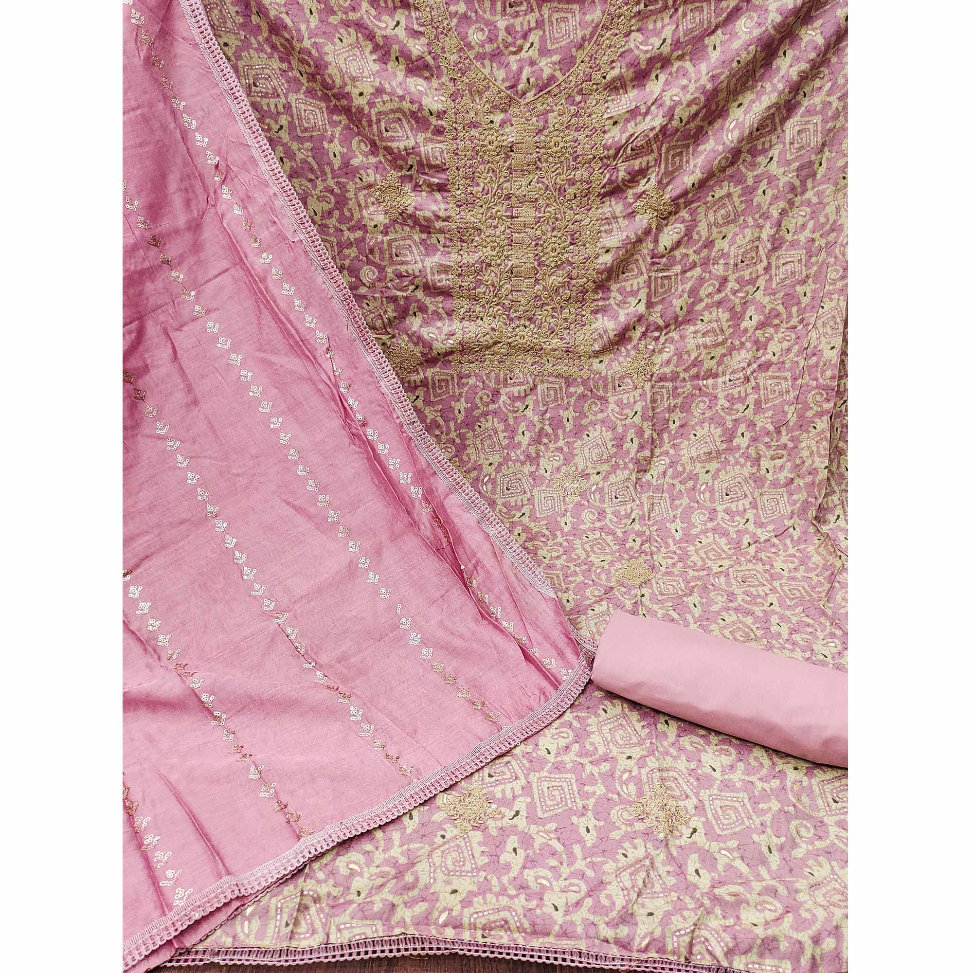 Pink Embroidered With Printed Muslin Dress Material