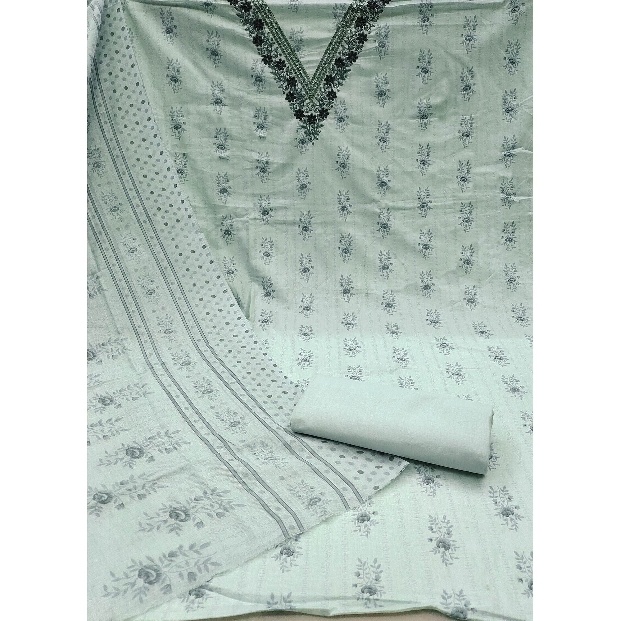 Grey Floral Printed Pure Cotton Dress Material