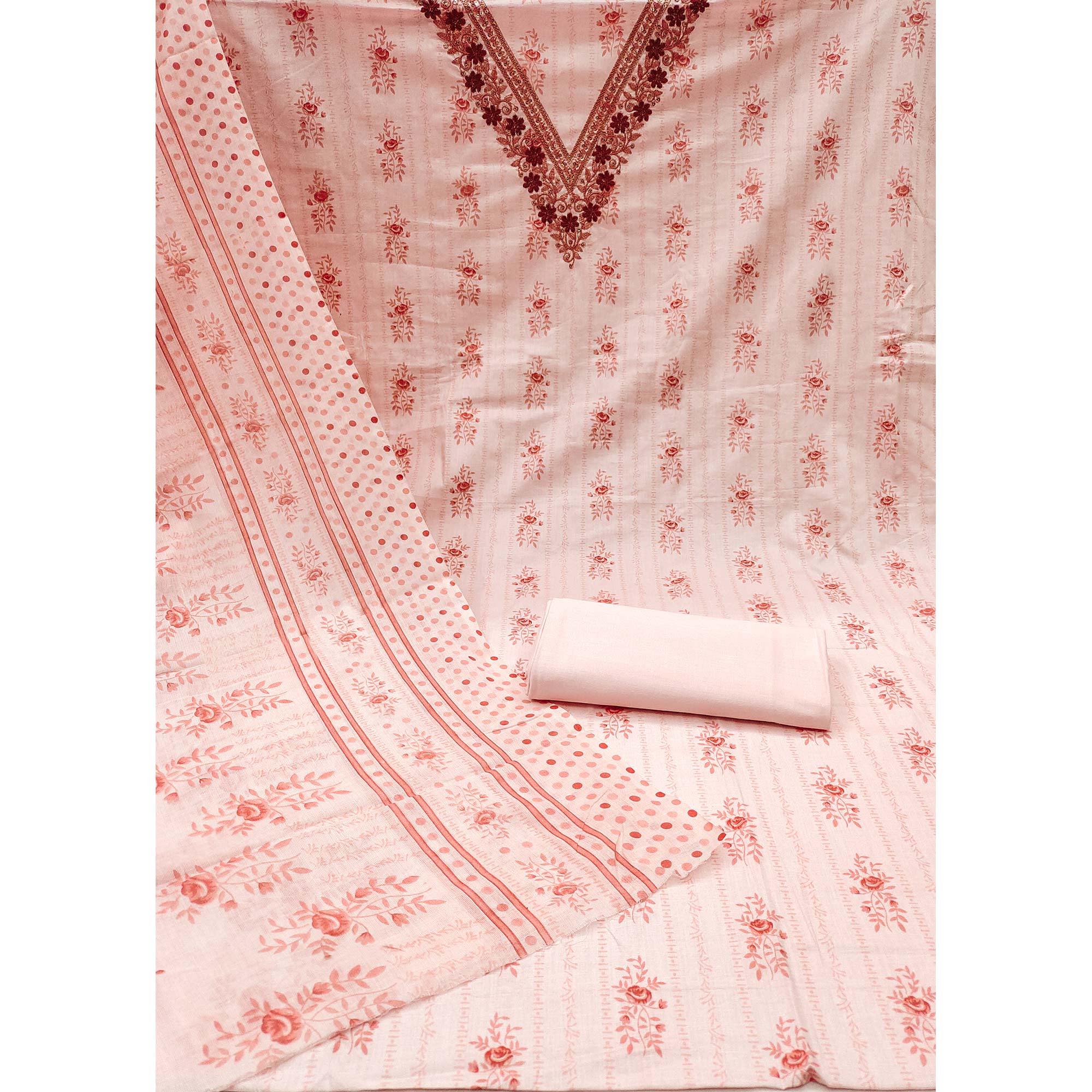 Peach Floral Printed Pure Cotton Dress Material