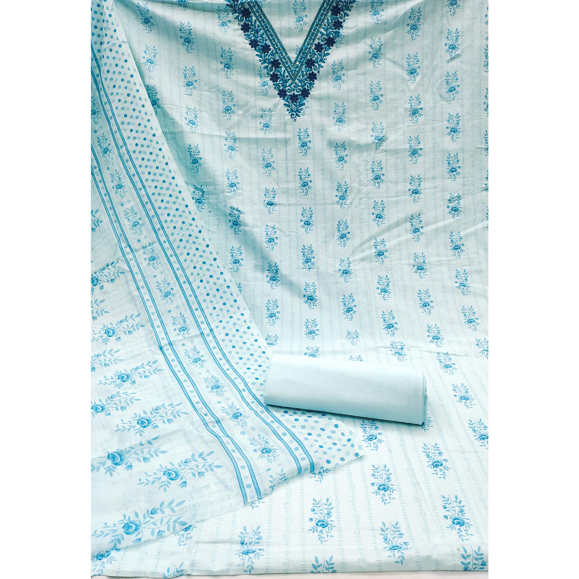 Sky Blue Floral Printed Pure Cotton Dress Material