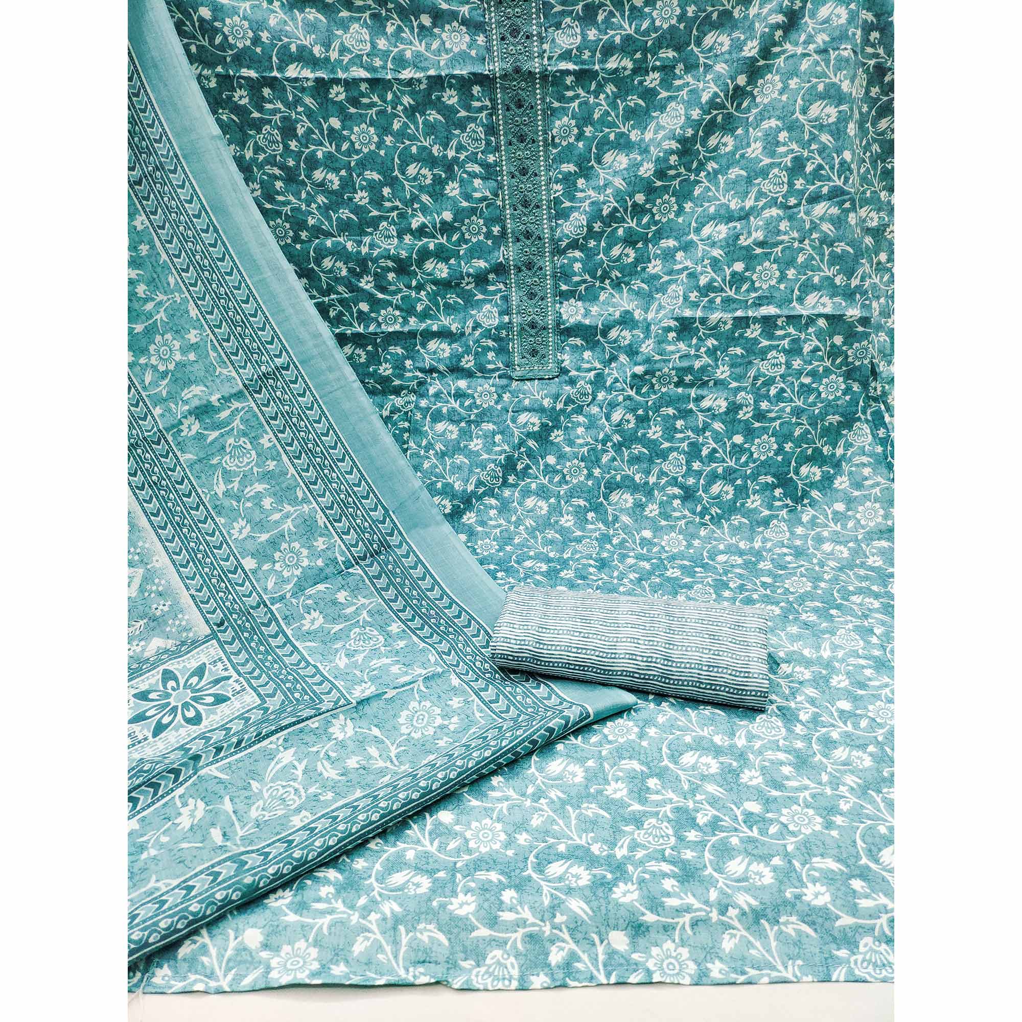 Sky Blue Floral Printed Pure Cotton Dress Material