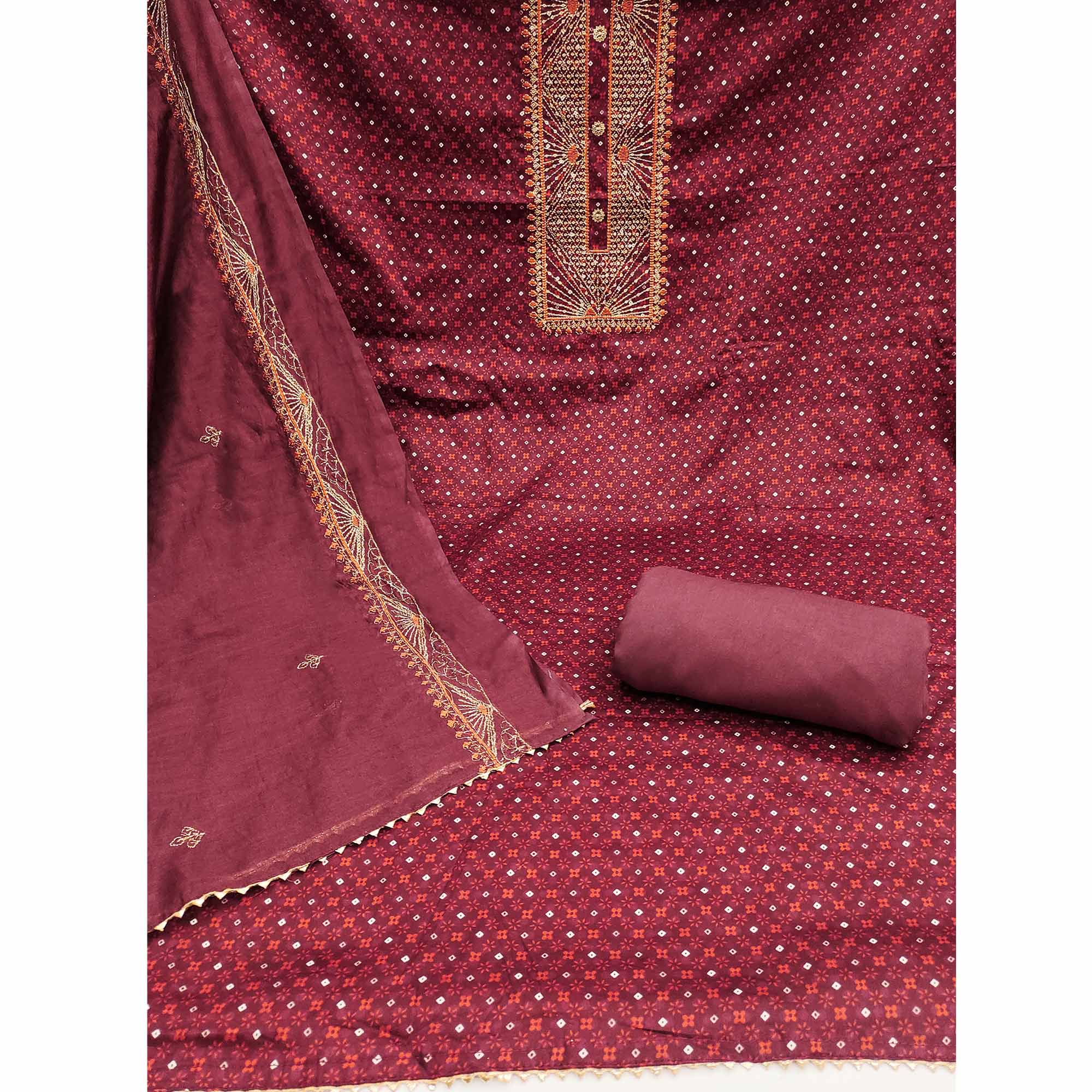 Maroon Printed With Embroidered Satin Dress Material