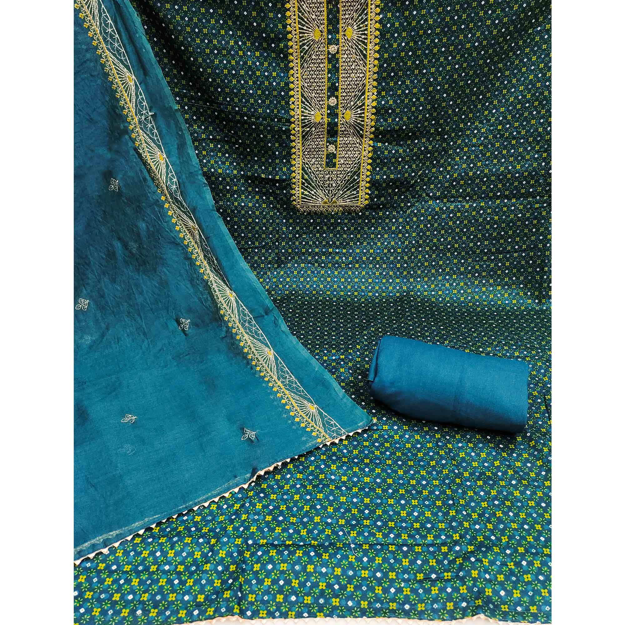 Teal Blue Printed With Embroidered Satin Dress Material