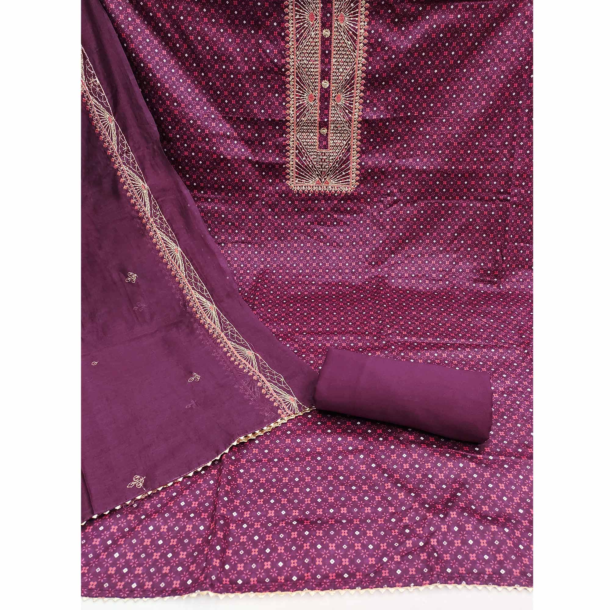 Wine Printed With Embroidered Satin Dress Material