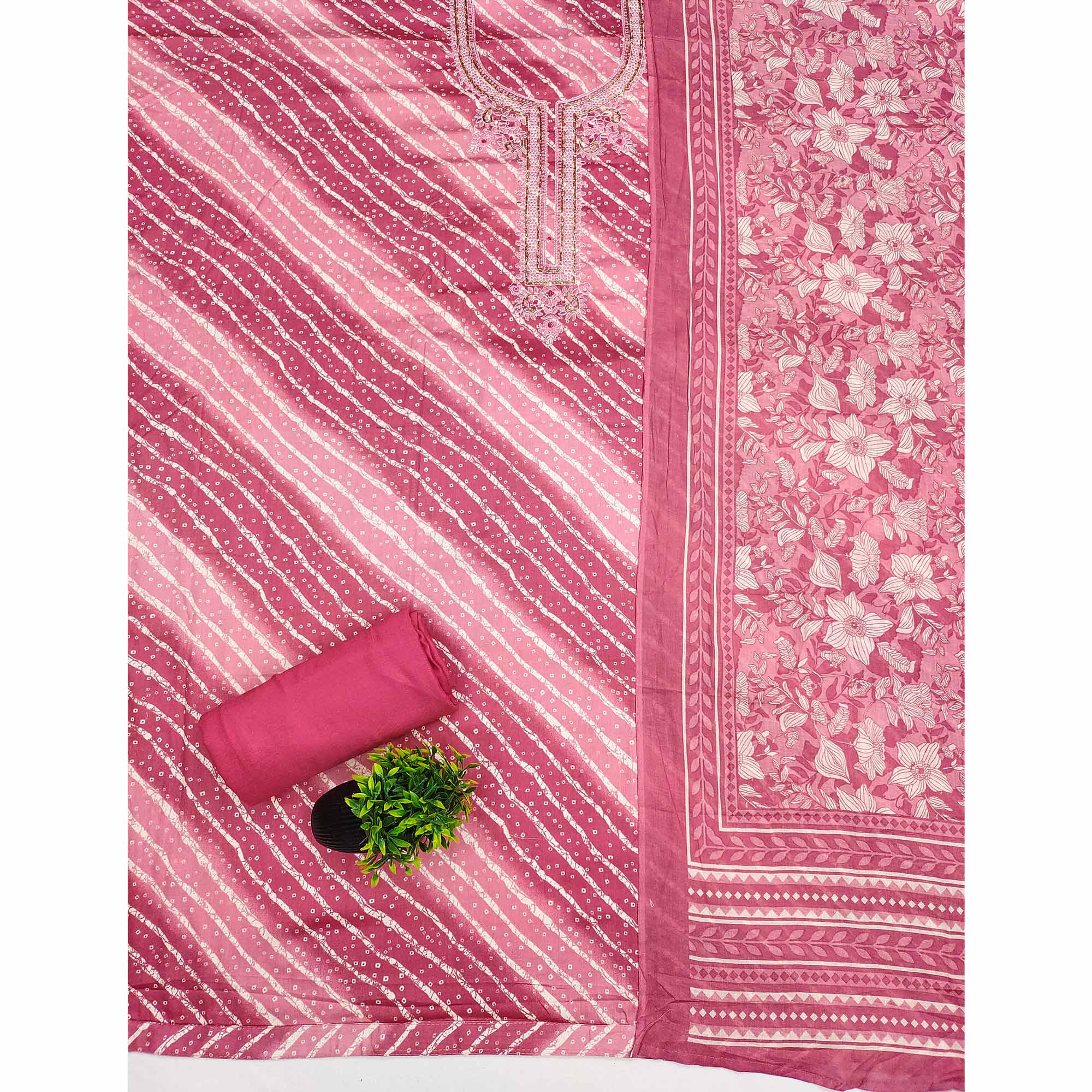 Summer Perfect Pink Cotton Suit Material with Stripe Pattern