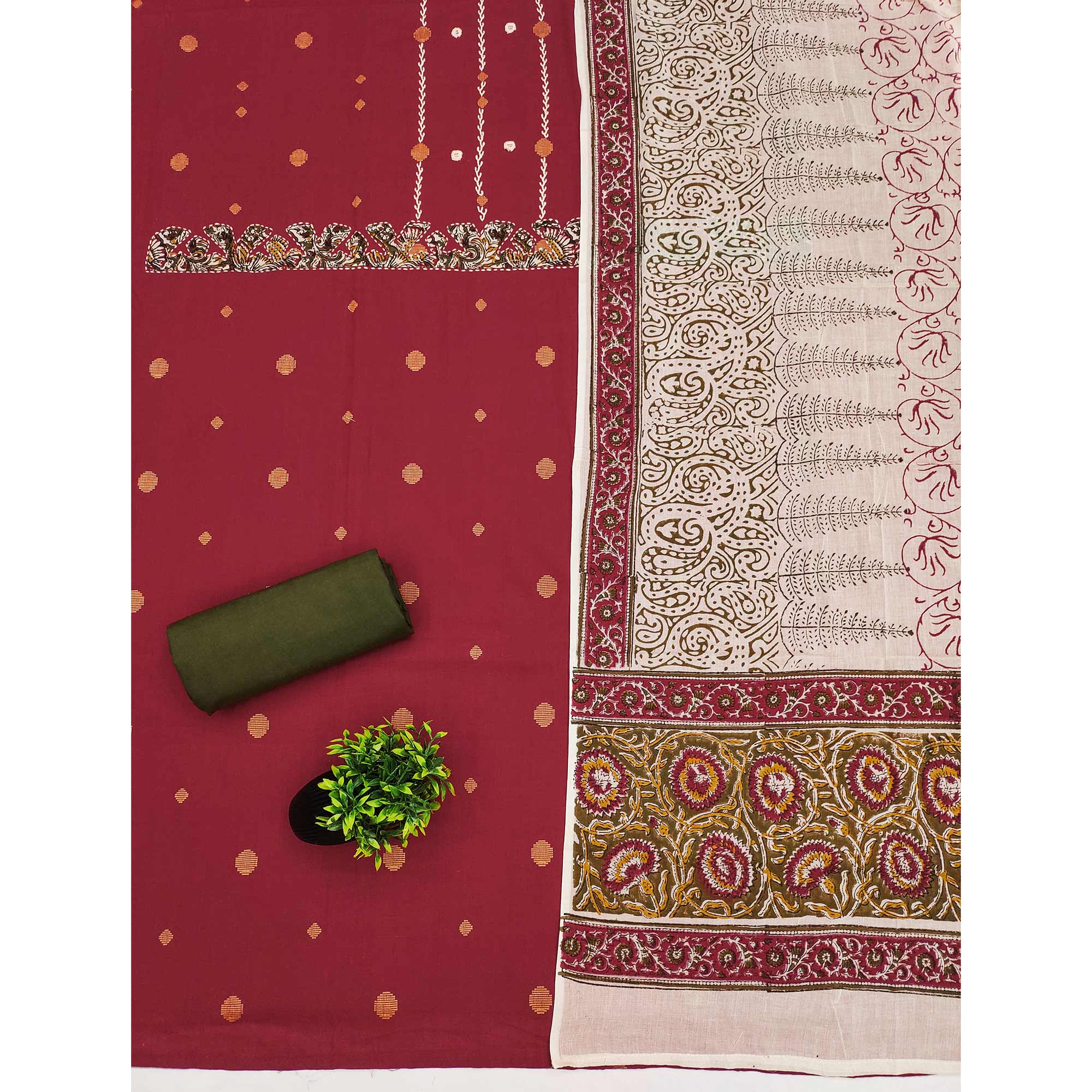 Maroon Pure Cotton Dress Material with Mirror & Embroidery Work