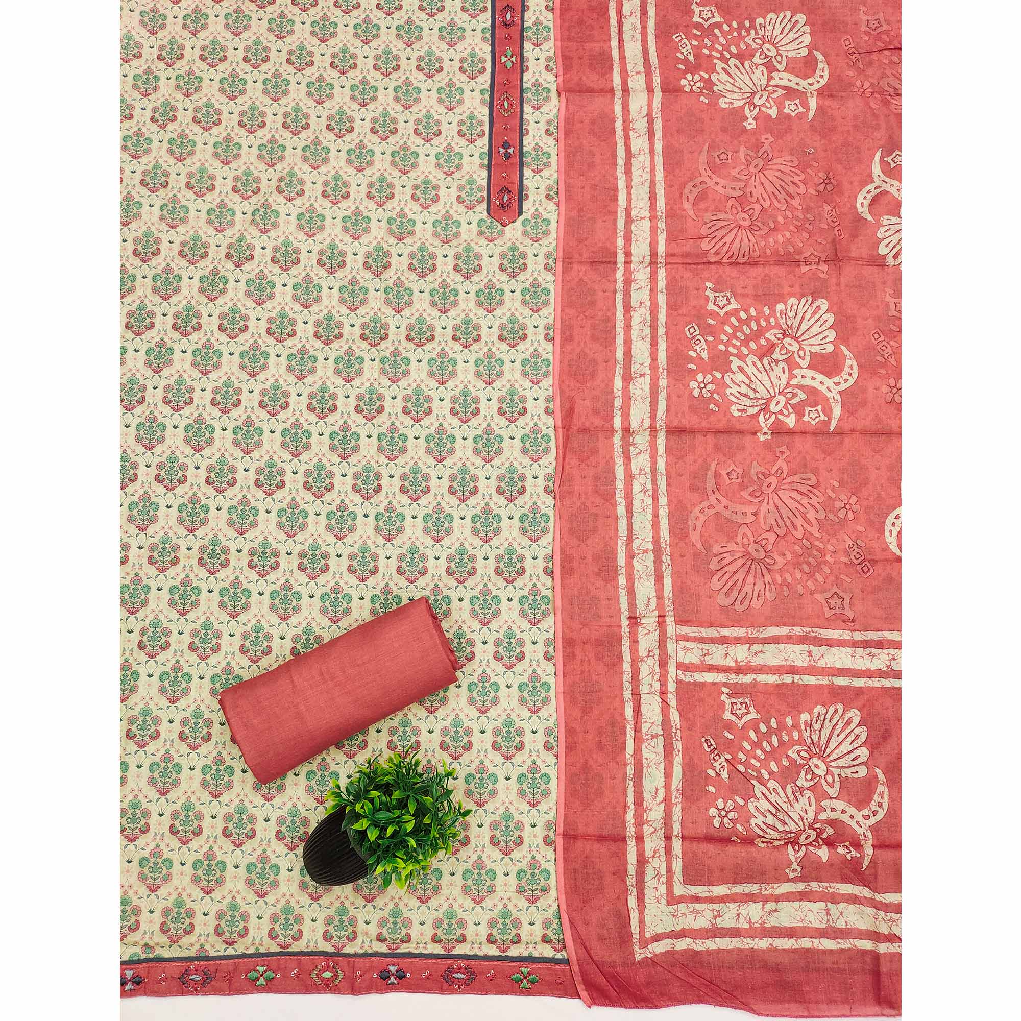 Unstitched Pure Cotton Peach Dress Material with Floral Charm