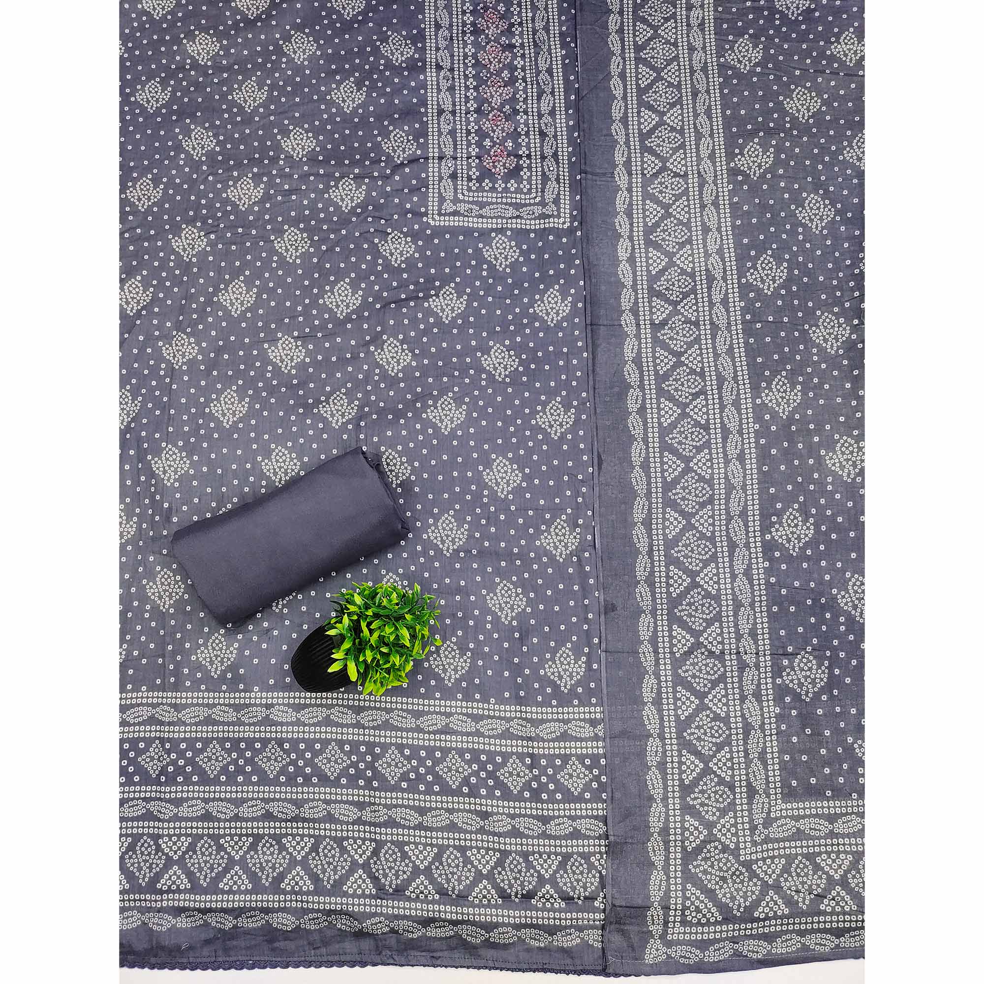 Soft Cotton Grey Dress Material with Classic Bandhani Print