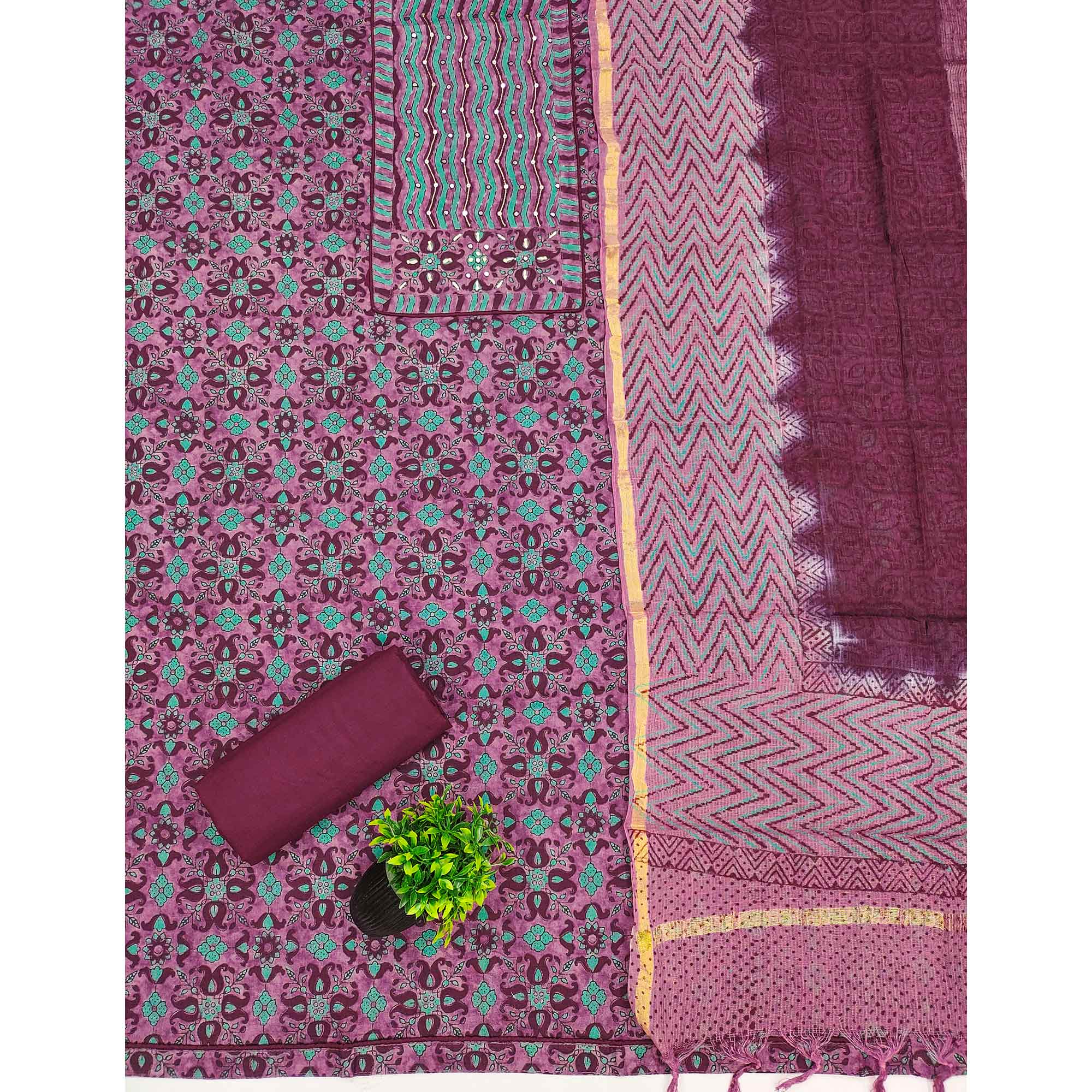 Unstitched Muted Purple Cotton Dress Material Featuring Subtle Floral Patterns