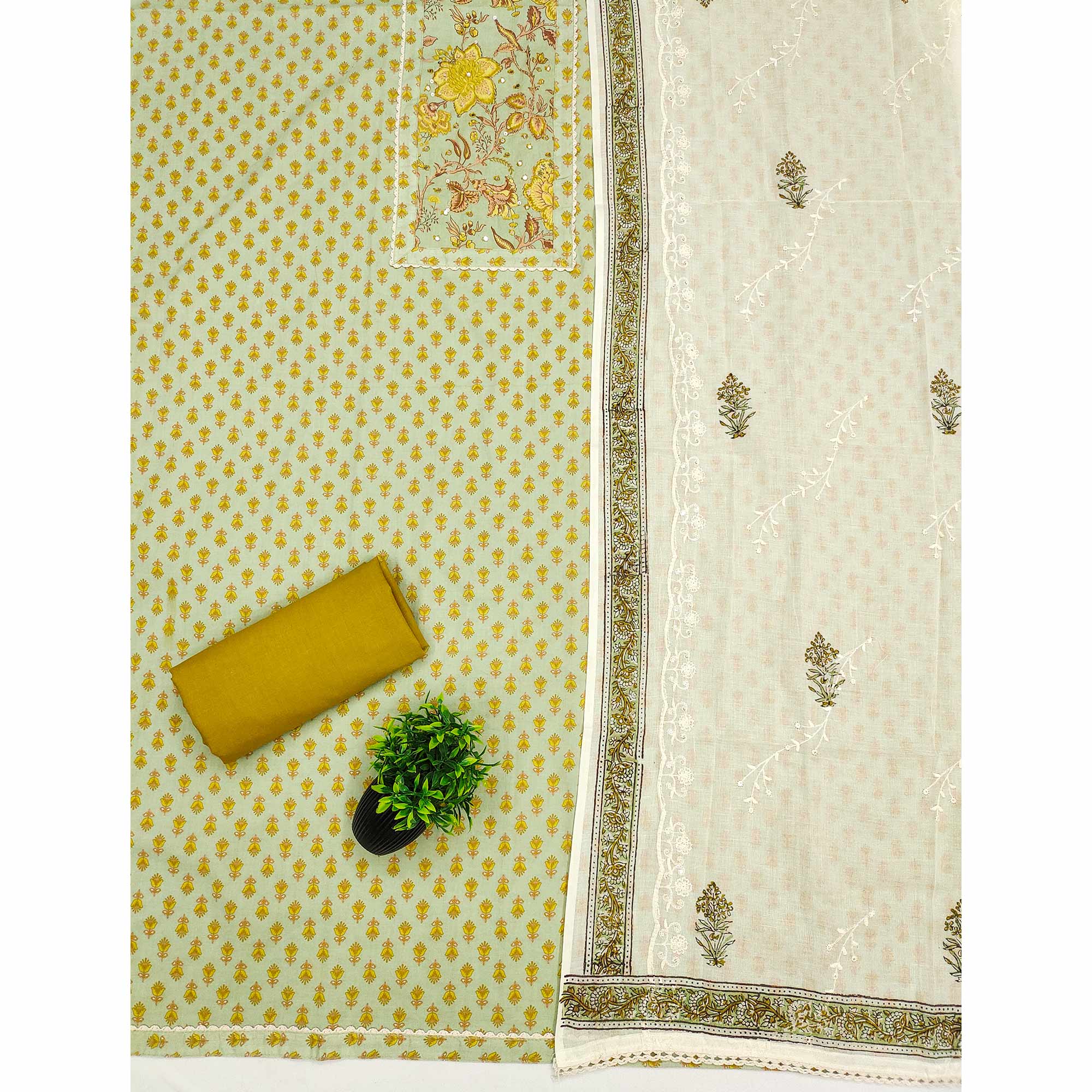 Pure Cotton Dress Material in Light Green with All Over Floral Print