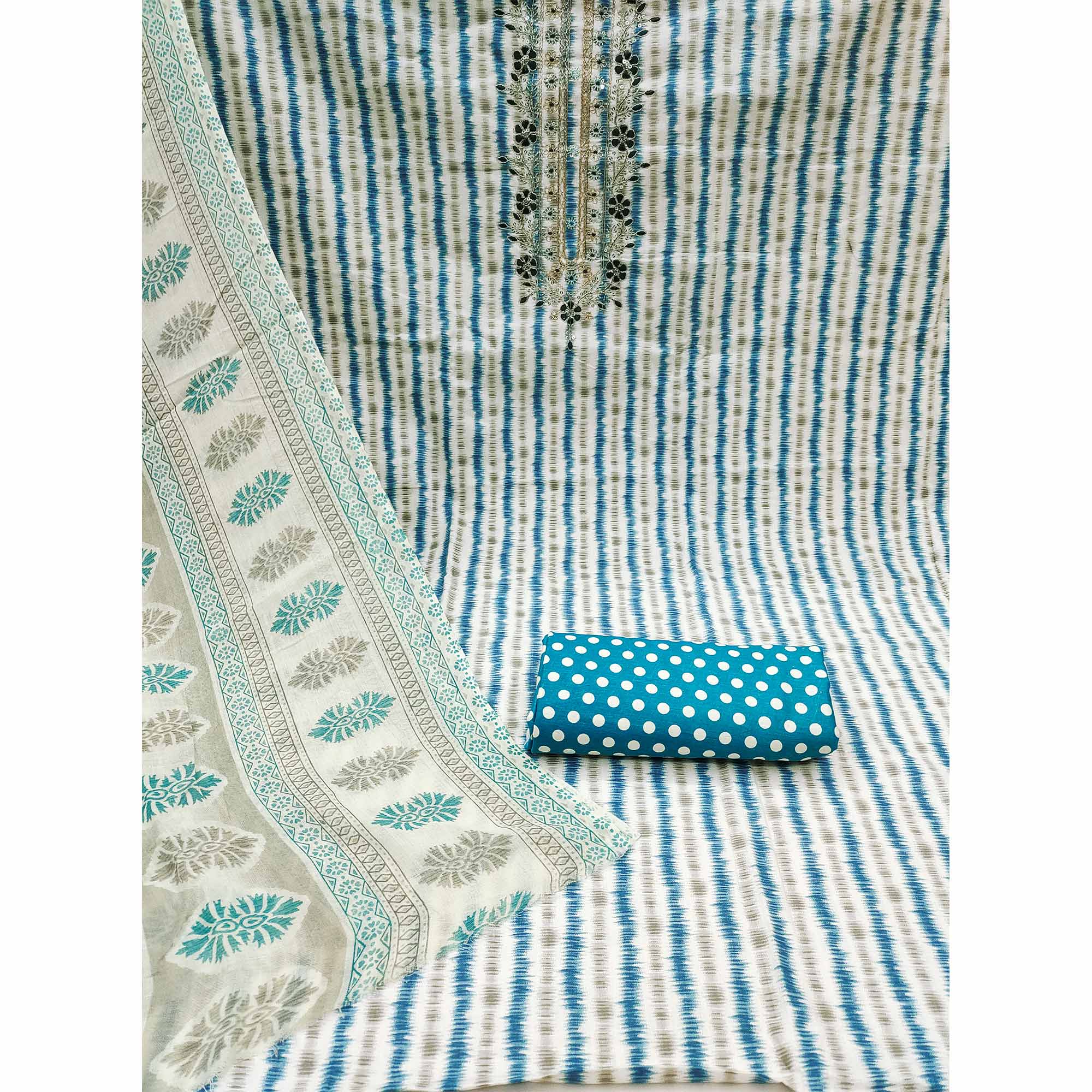 White & Blue Striped Printed Pure Cotton Dress Material