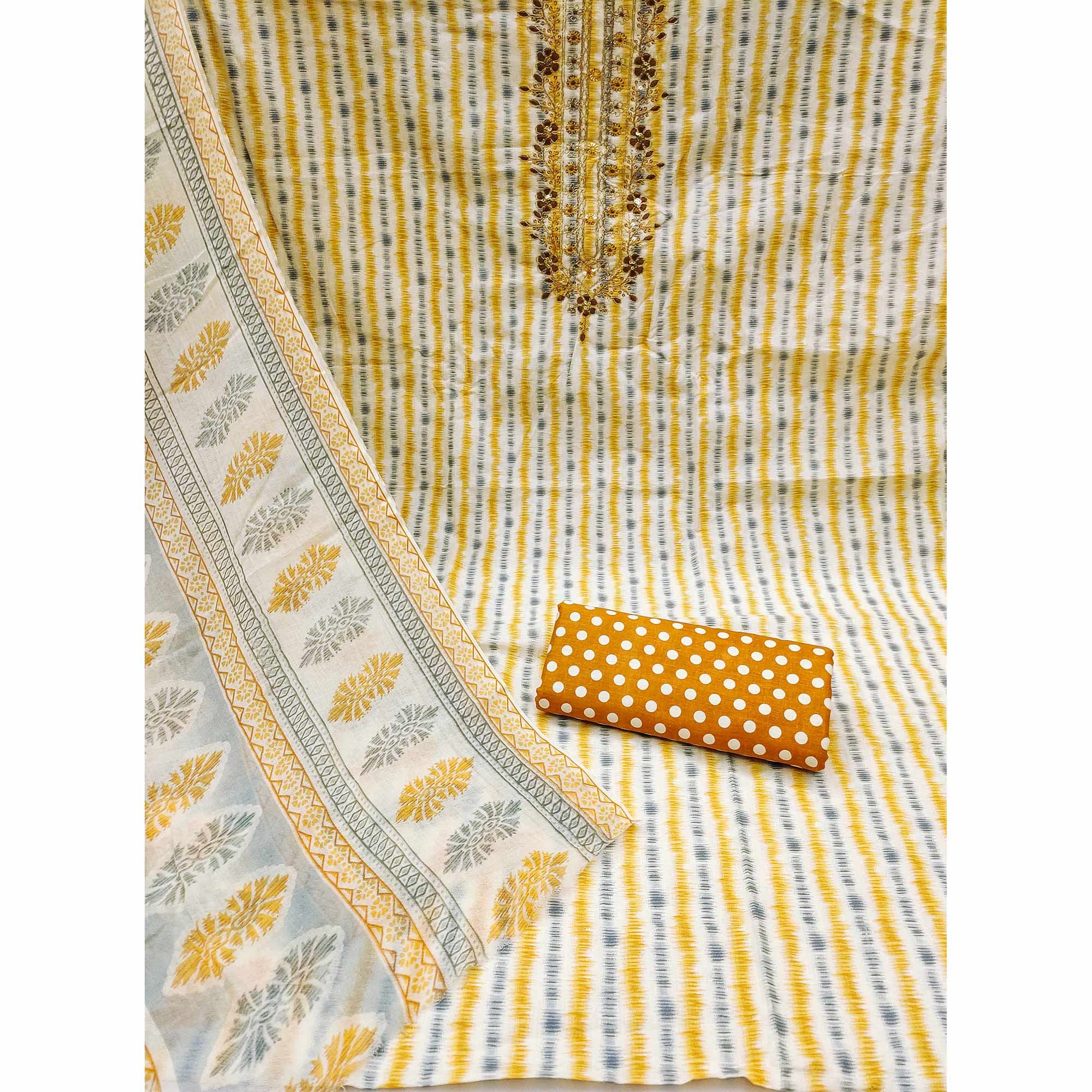 White & Mustard Striped Printed Pure Cotton Dress Material