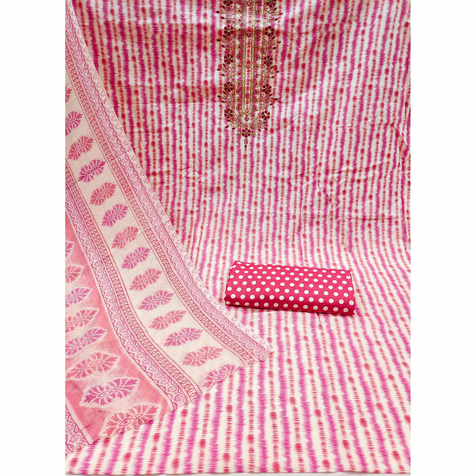 White & Pink Striped Printed Pure Cotton Dress Material