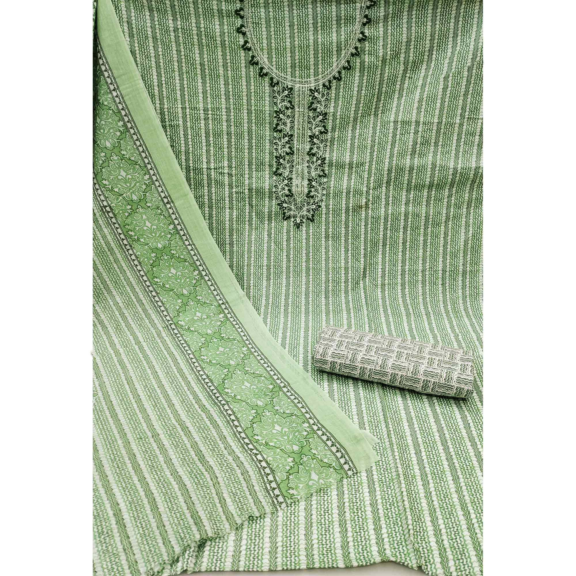 Green Striped Printed Pure Cotton Dress Material
