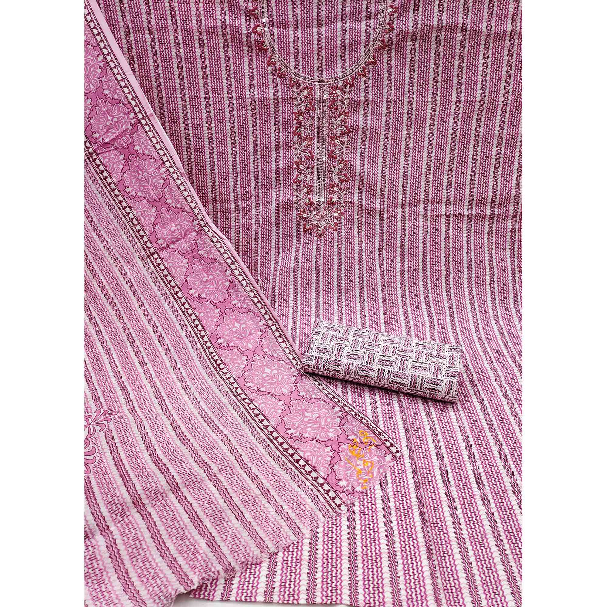 Pink Striped Printed Pure Cotton Dress Material