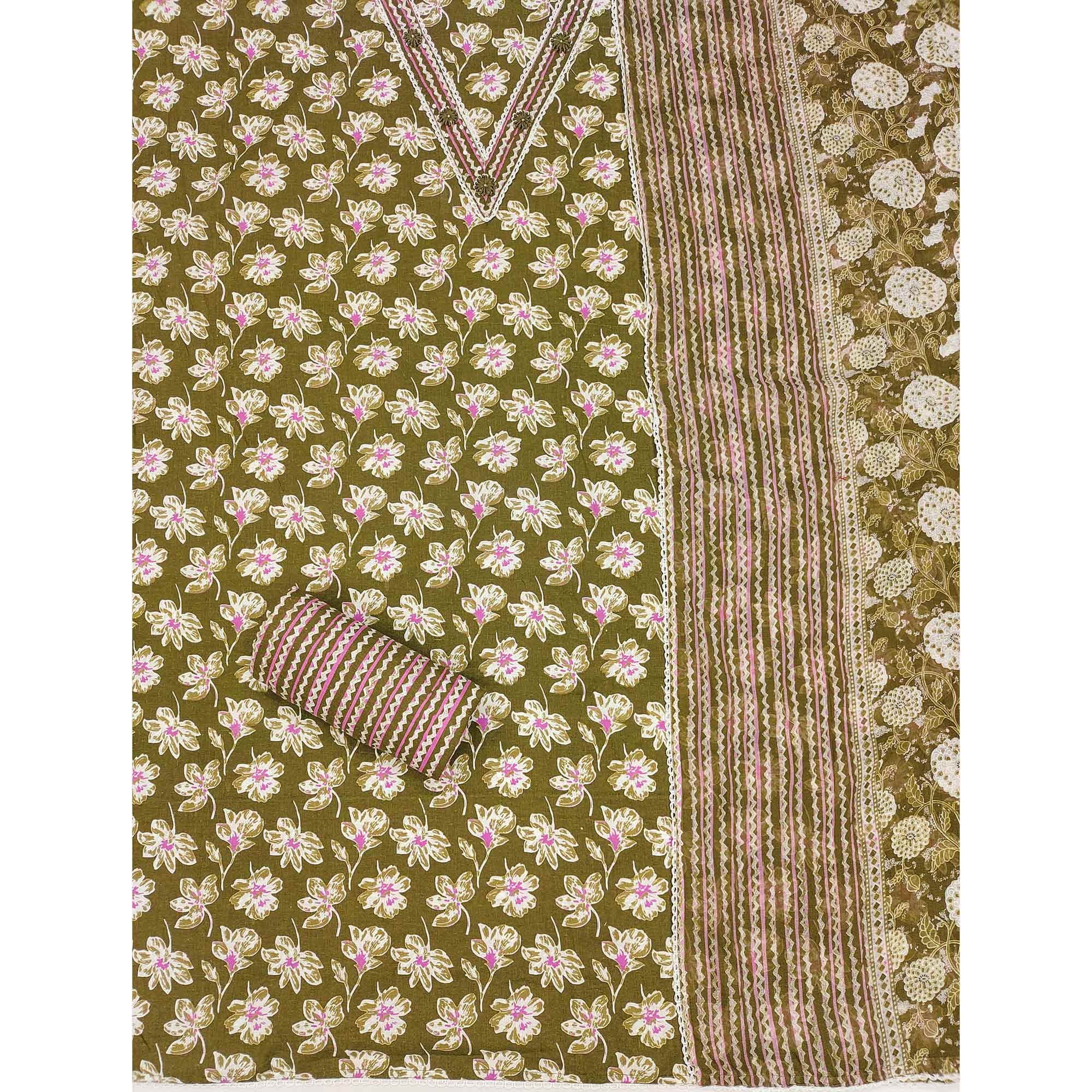 Stylish Green Floral Pure Cotton Dress Material Accented With Neckline Sequins Embroidery