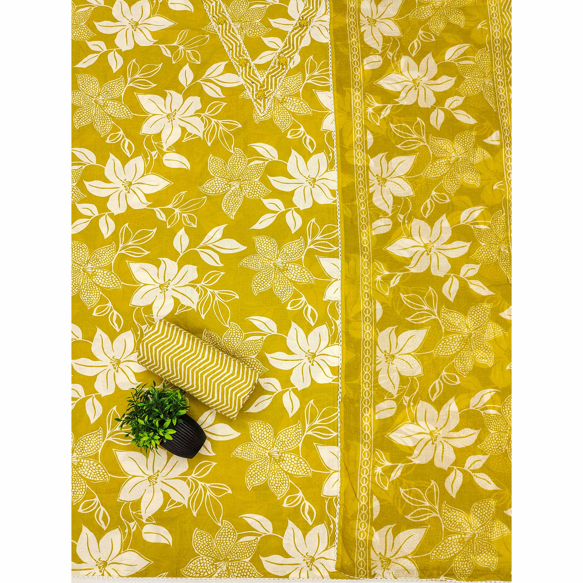 Stylish Olive Floral Pure Cotton Dress Material Accented With Neckline Sequins Embroidery