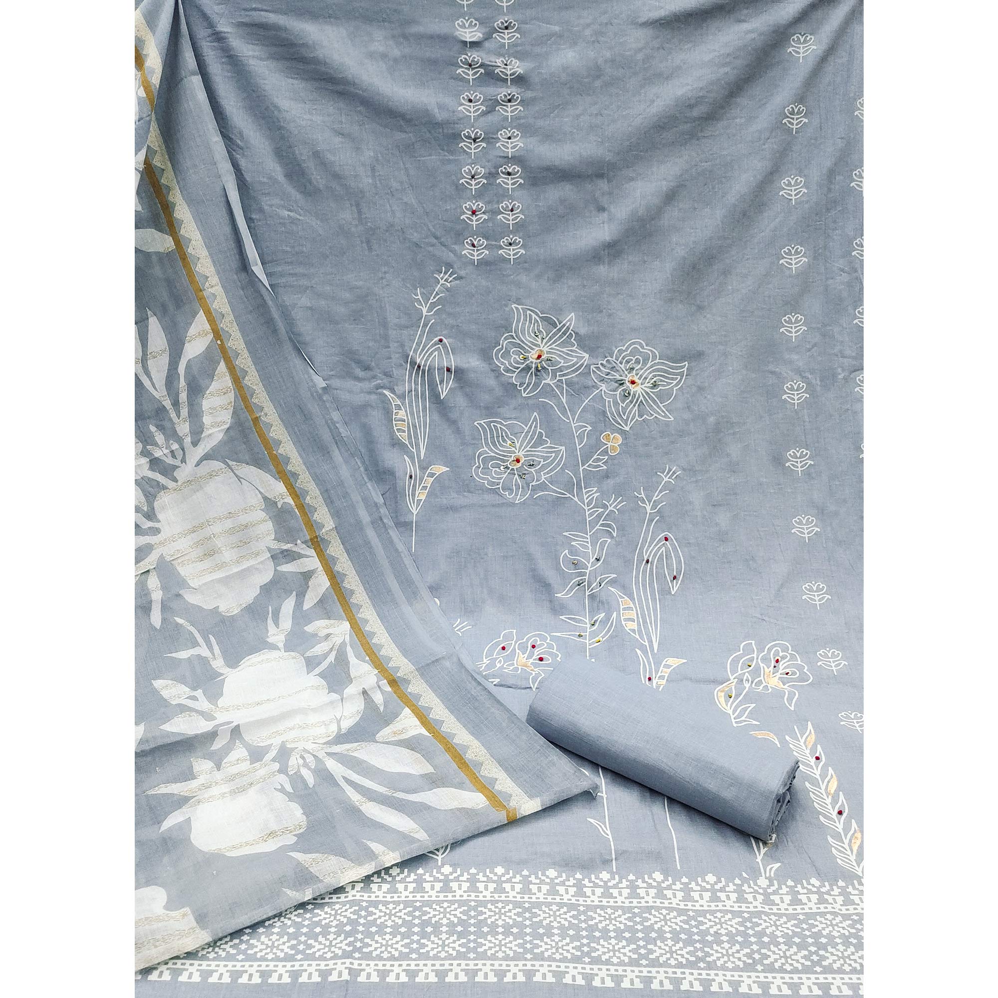 Grey Floral Foil Printed Pure Cotton Dress Material