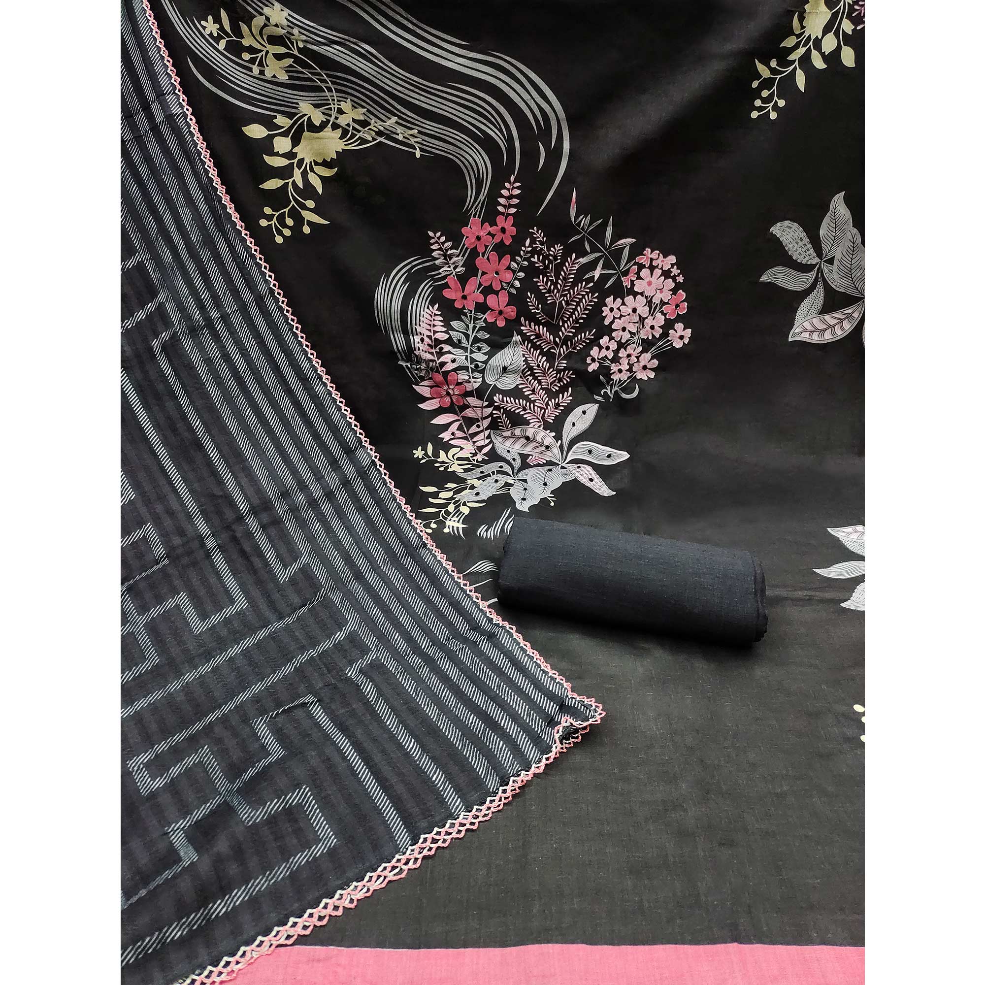Black Floral Printed Pure Cotton Dress Material