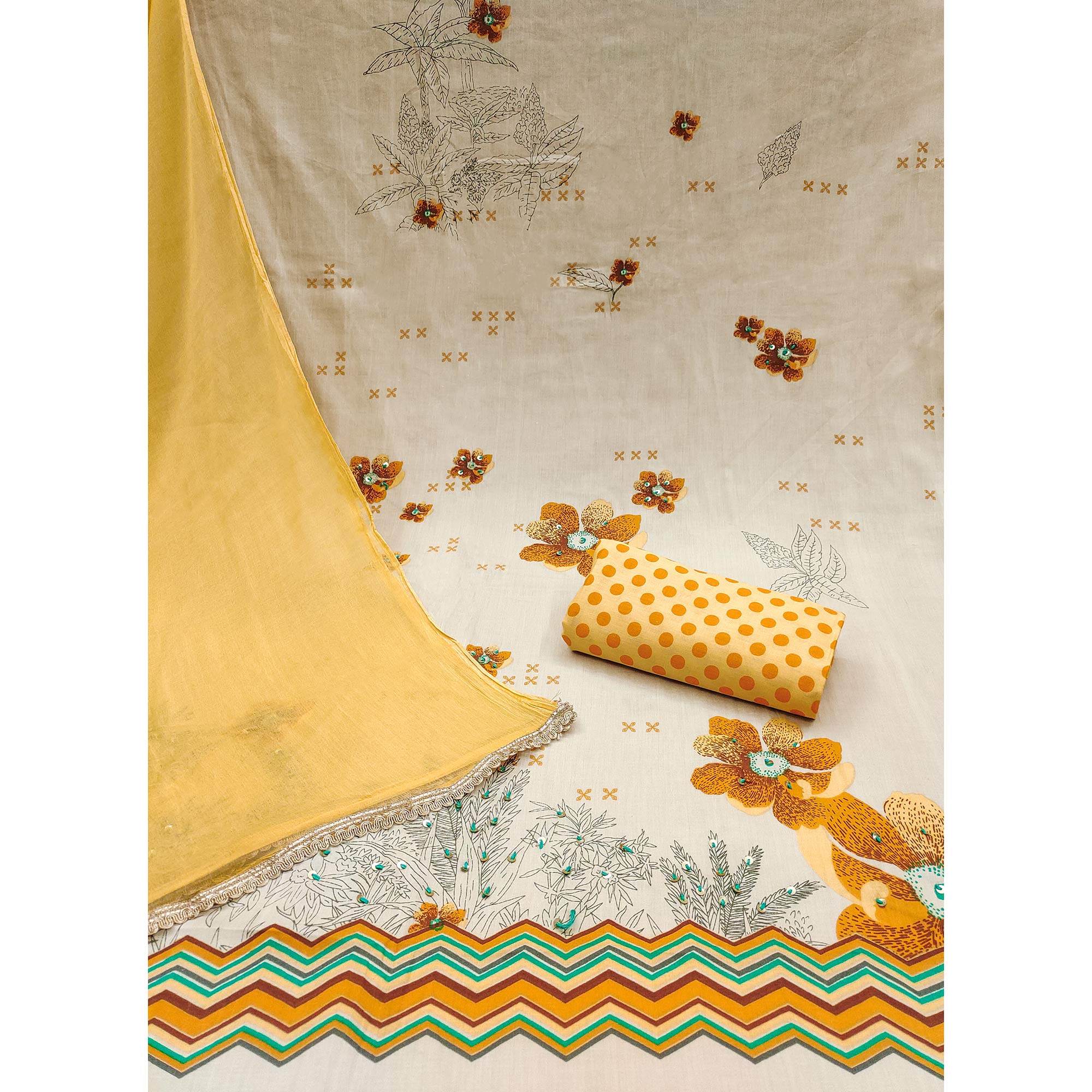 Beige & Mustard Floral Printed Pure Cotton Dress Material