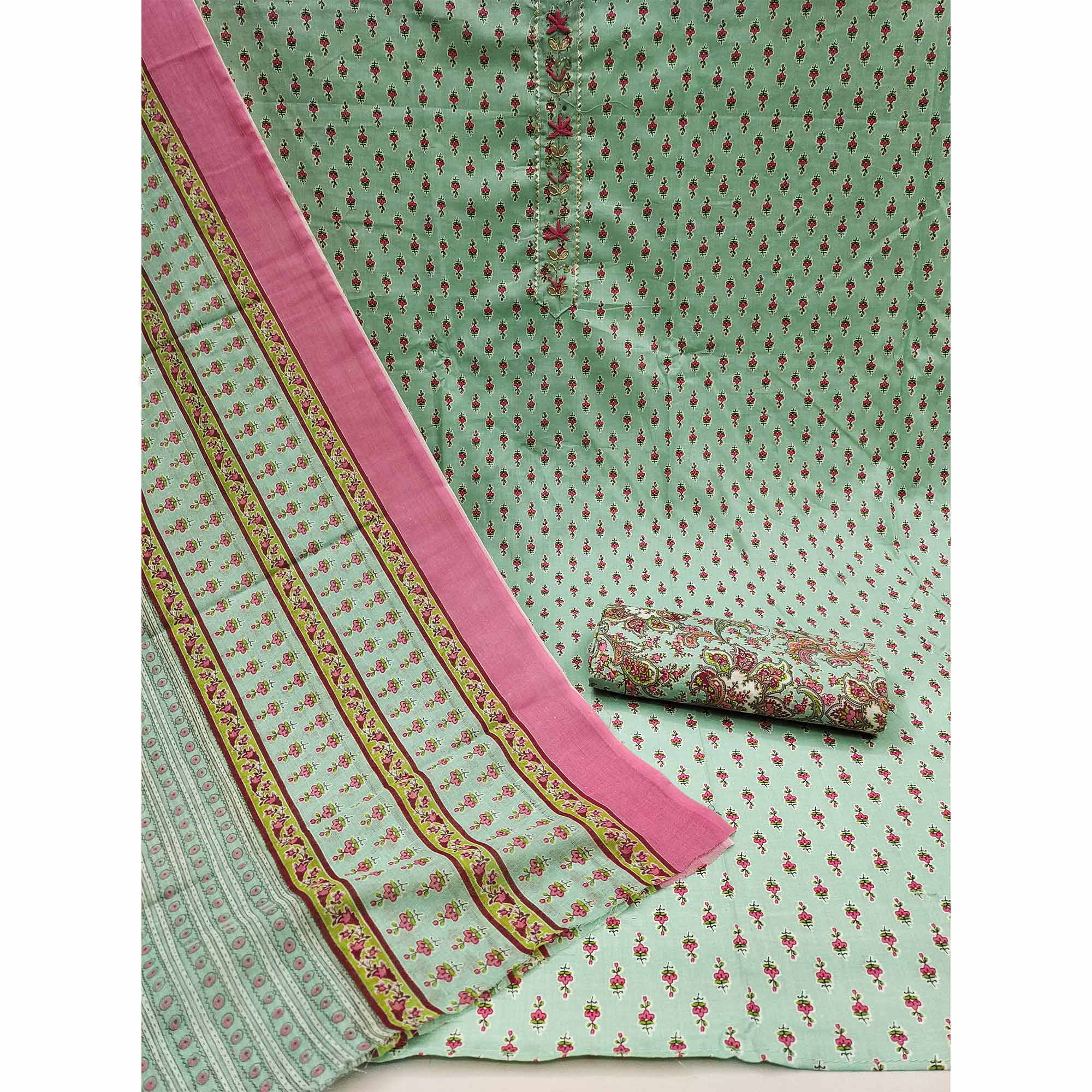 Sea Green Floral Printed Pure Cotton Dress Material