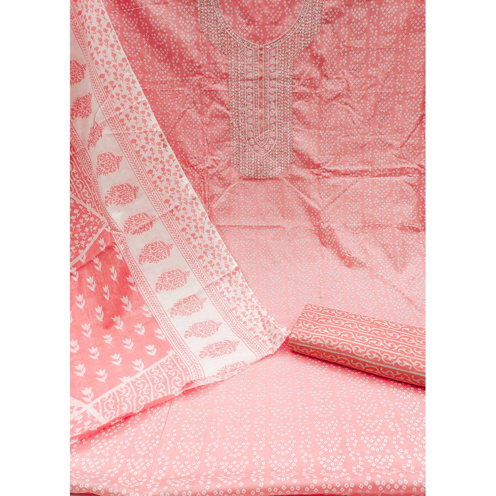 Peach Bandhani Printed With Sequins Pure Cotton Dress Material