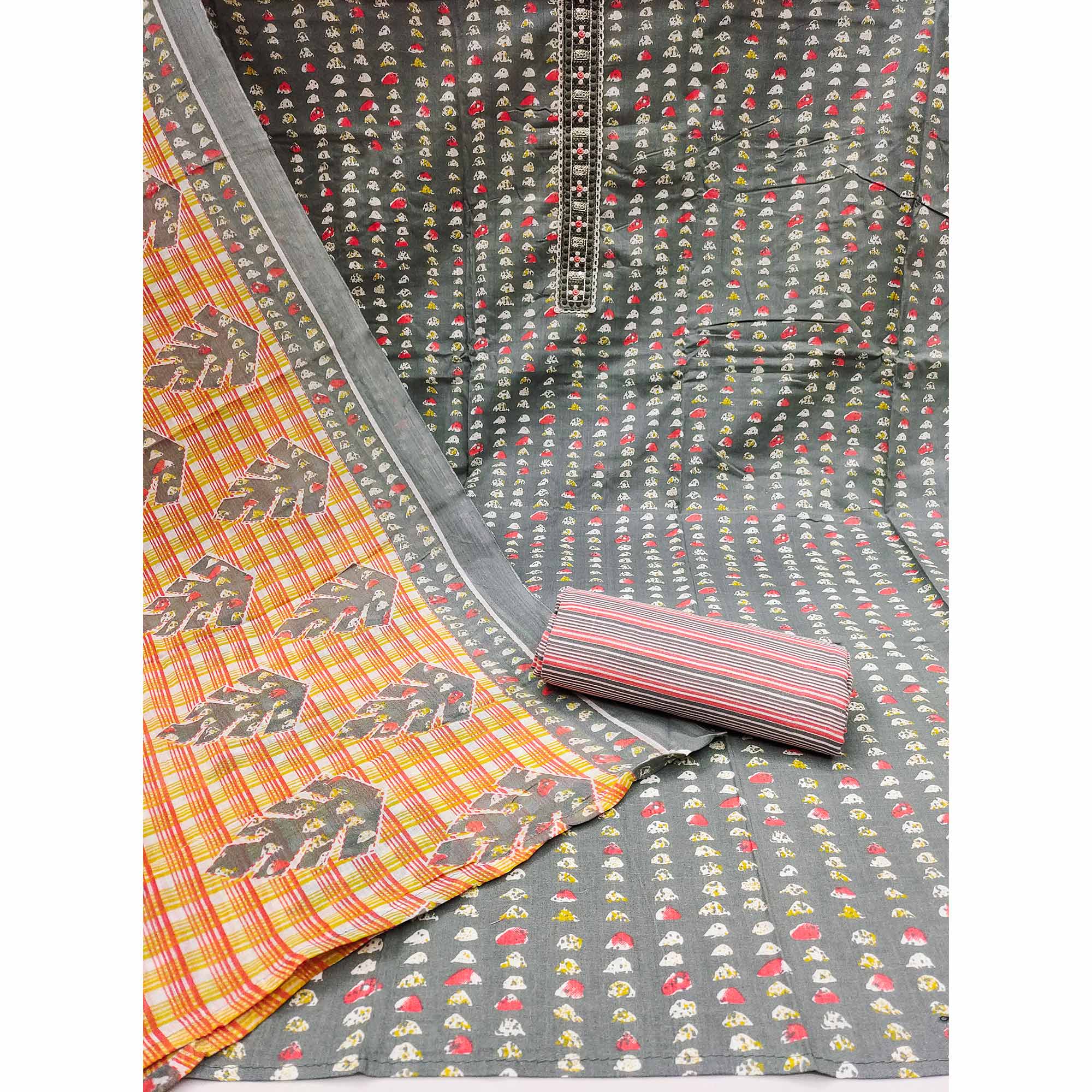 Grey Printed Pure Cotton Dress Material