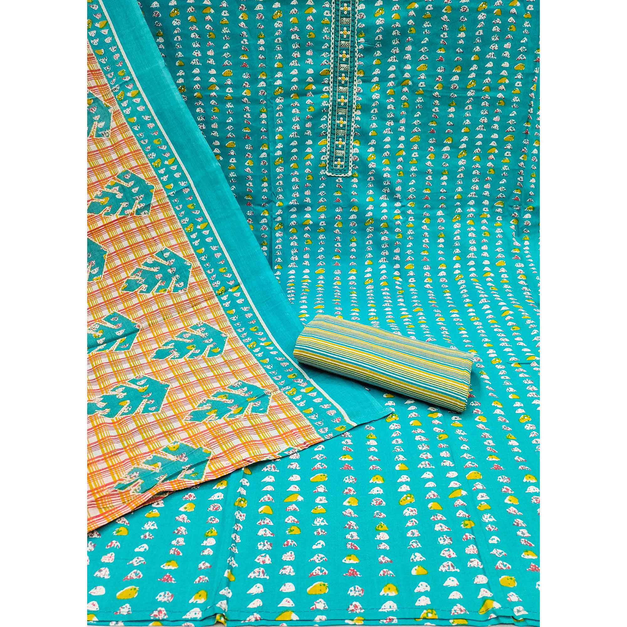 Turquoise Printed Pure Cotton Dress Material