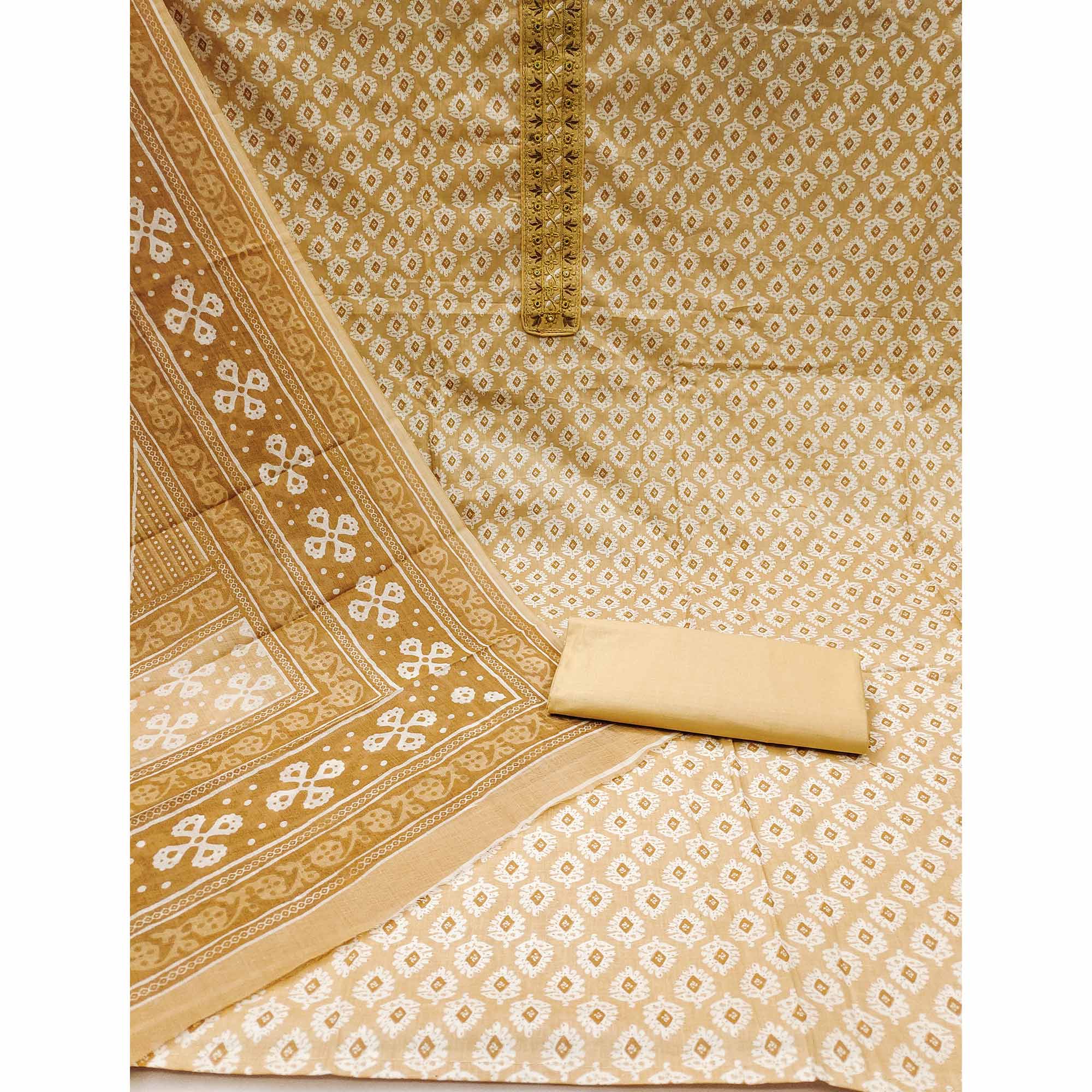 Beige Printed Pure Cotton Dress Material