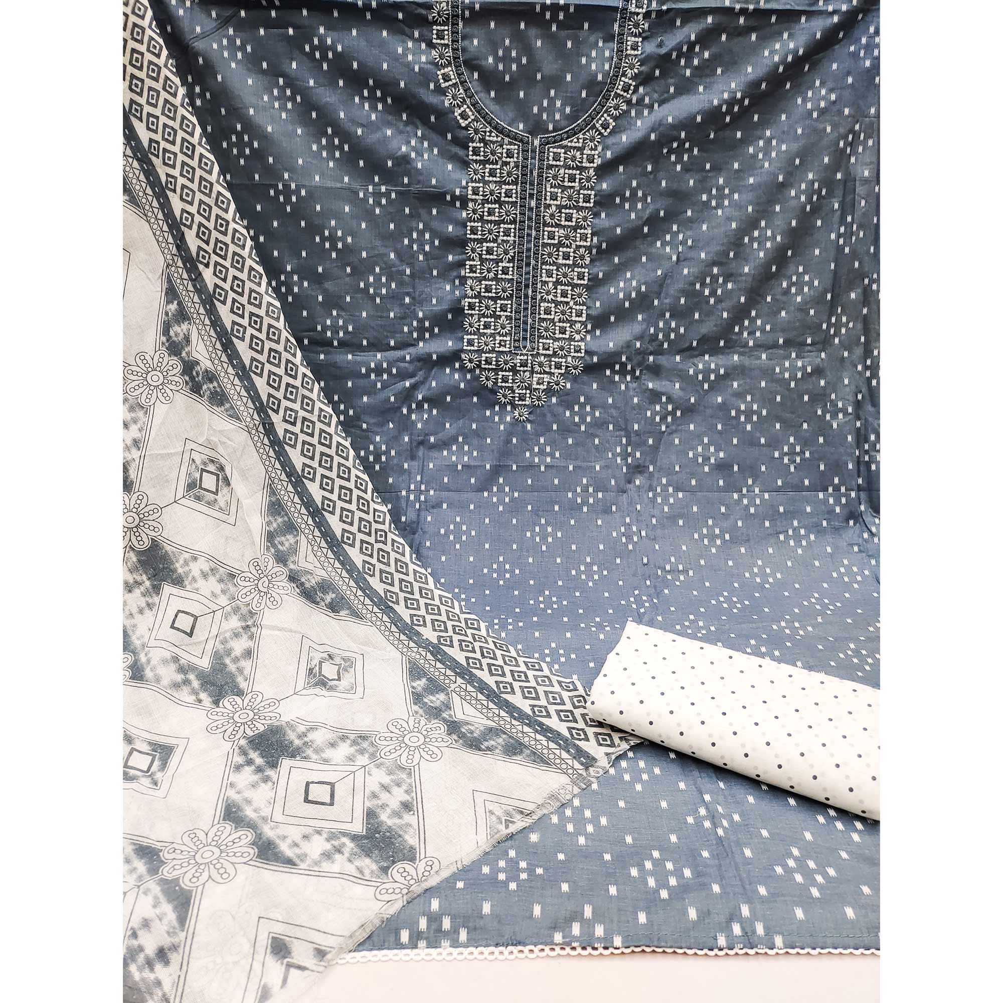 Grey Printed With Embroidered Pure Cotton Dress Material