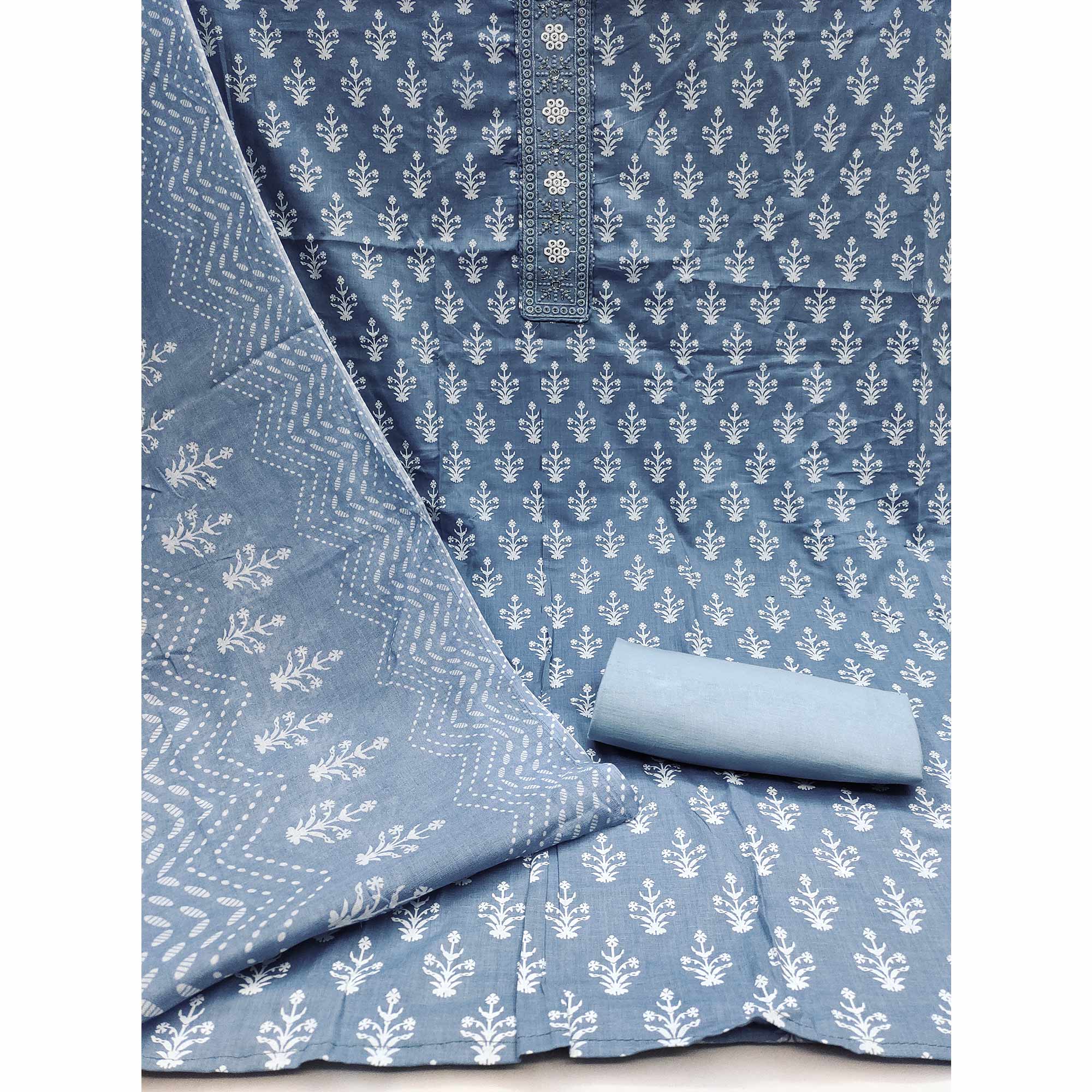Bluish Grey Floral Printed With Embroidered Pure Cotton Dress Material