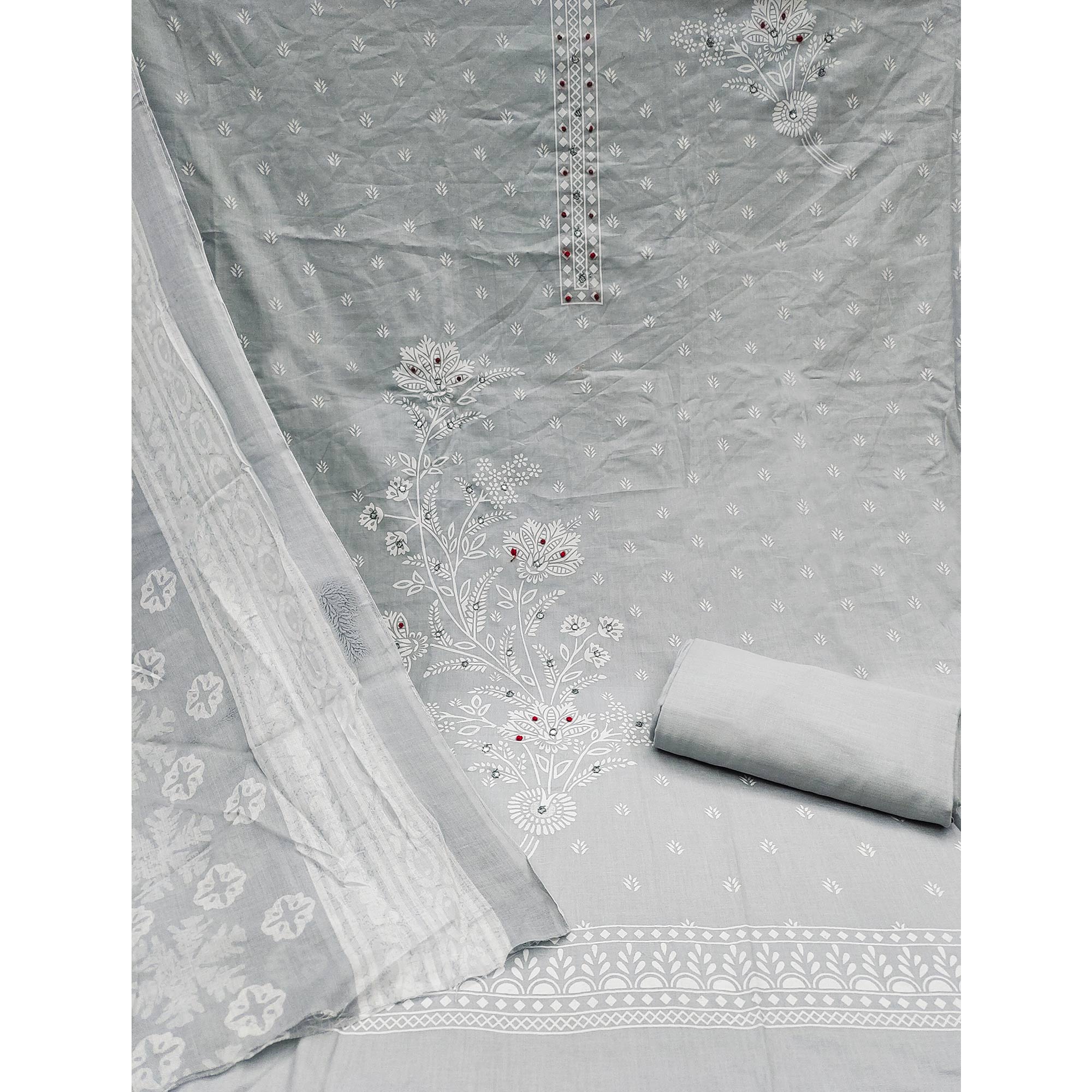 Grey Floral Printed Pure Cotton Dress Material