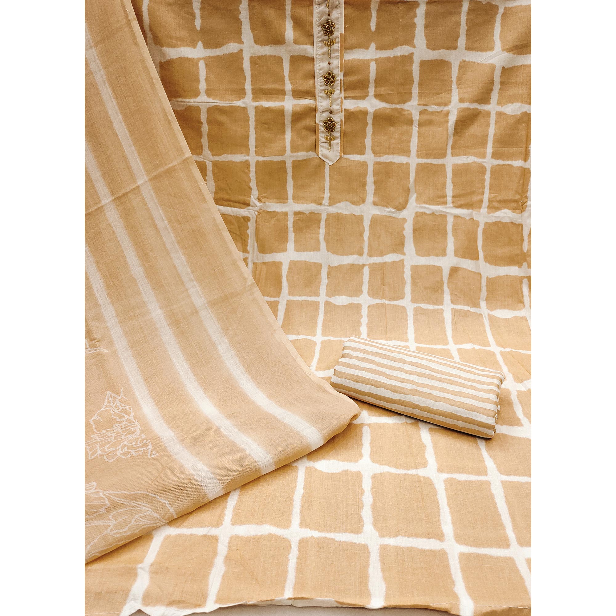 Chikoo Checks Printed Pure Cotton Dress Material
