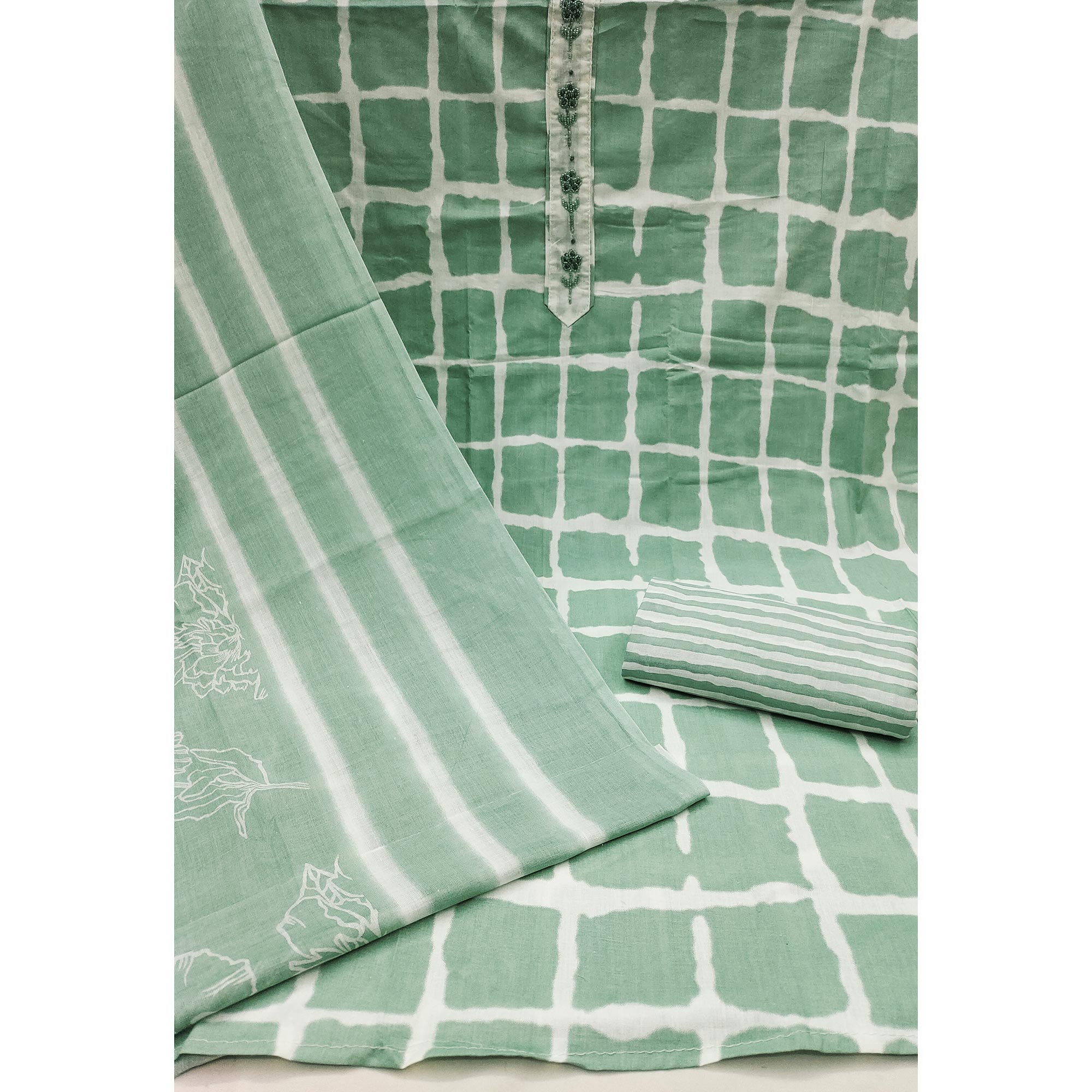 Green Checks Printed Pure Cotton Dress Material