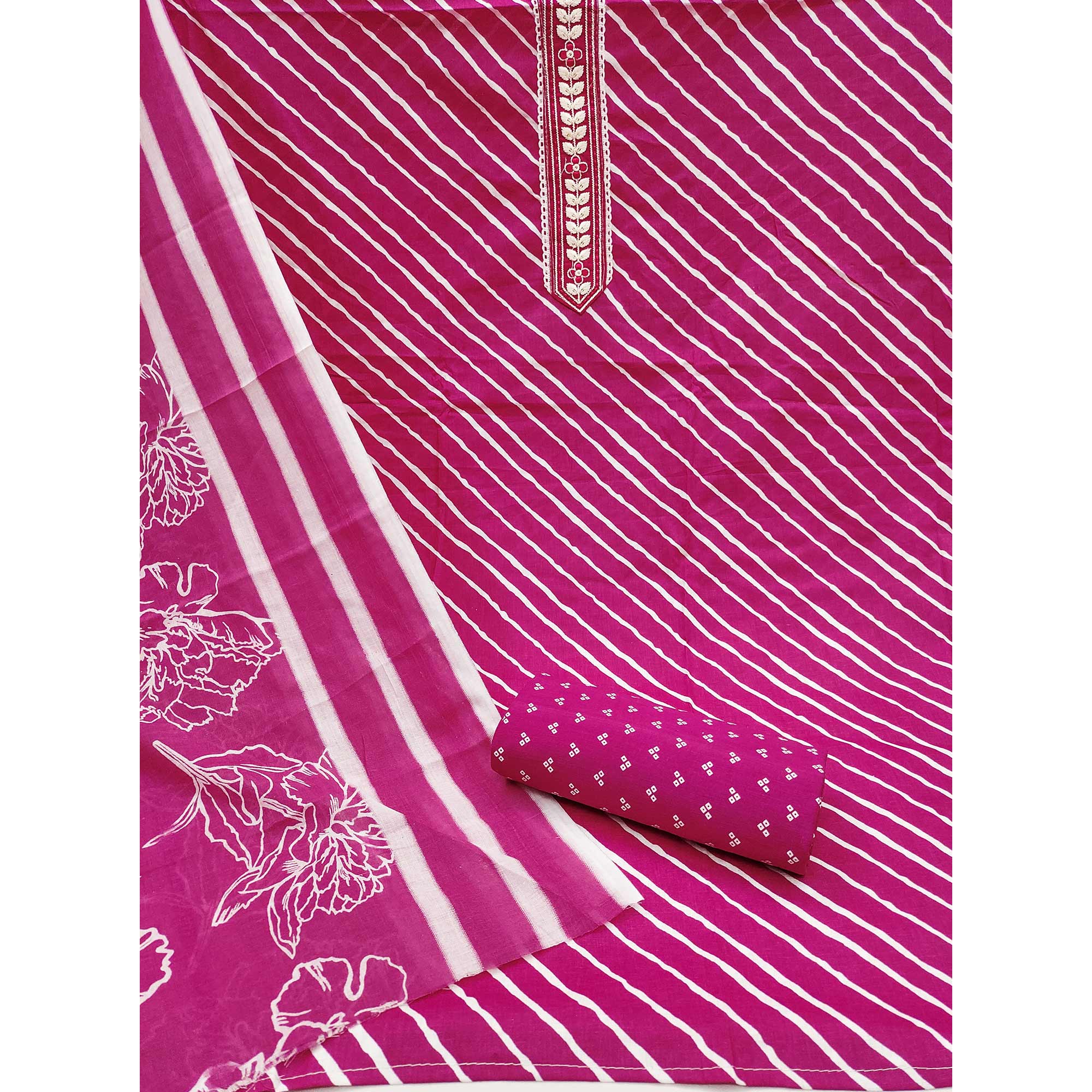 Rani Pink Striped Printed Pure Cotton Dress Material