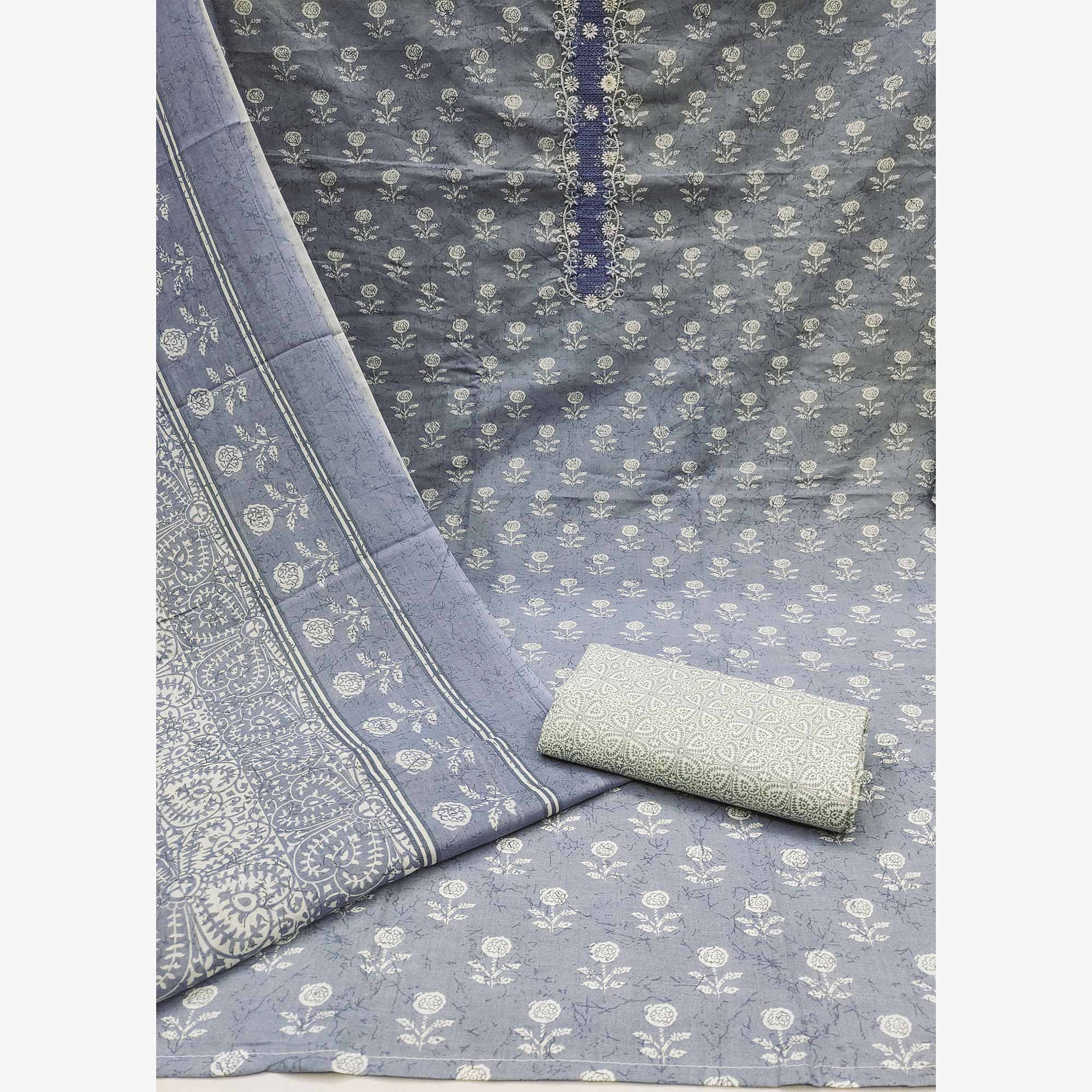 Blue Floral Printed Pure Cotton Dress Material