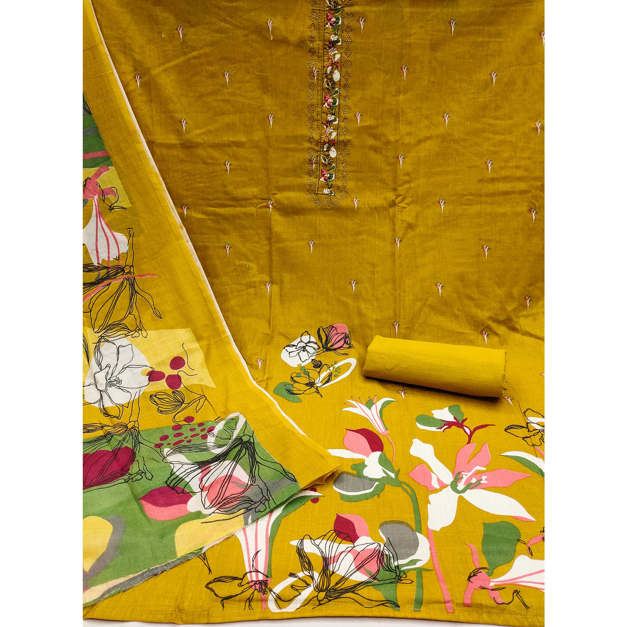 Mustard Floral Printed Pure Cotton Dress Material