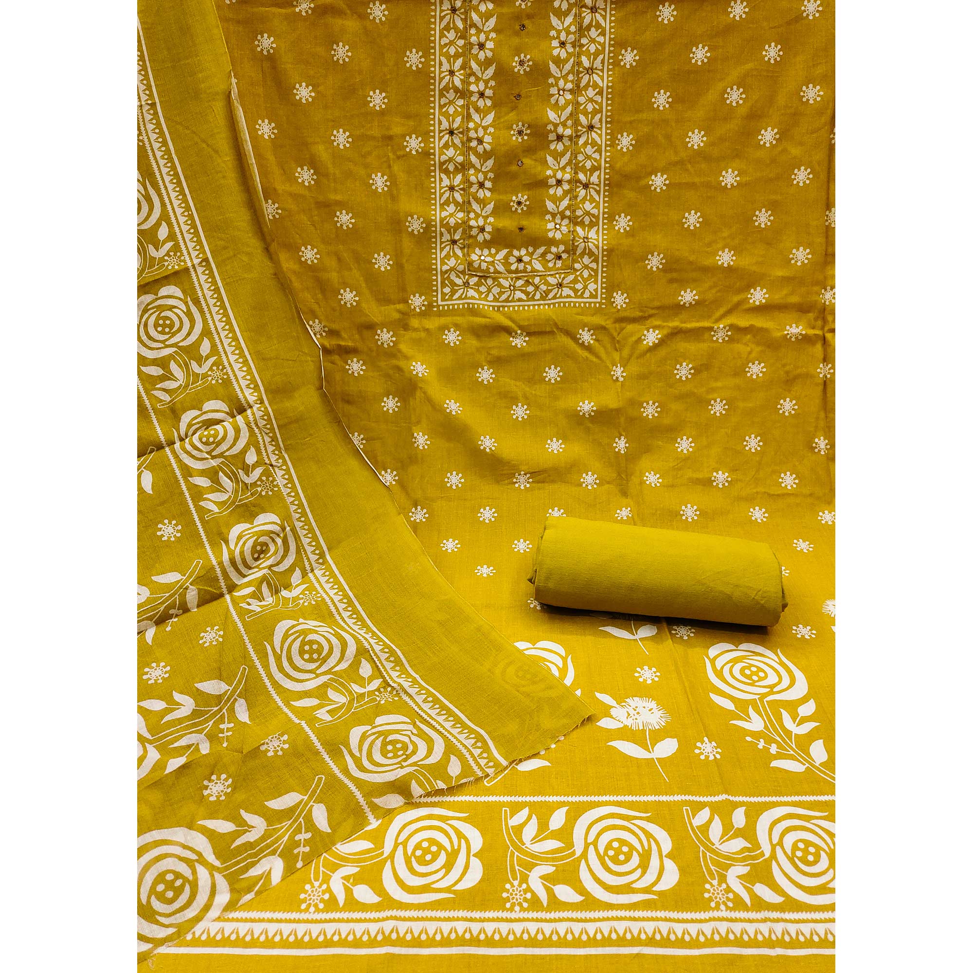 Mustard Printed With Mirror Work Pure Cotton Dress Material