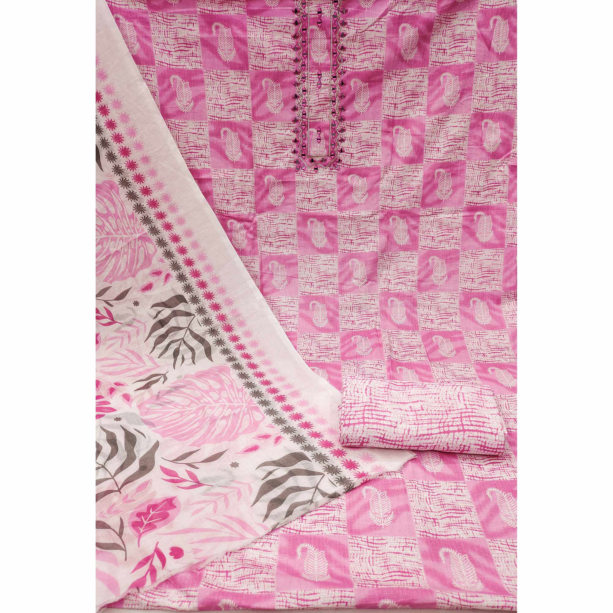 Pink Printed With Mirror Work Pure Cotton Dress Material