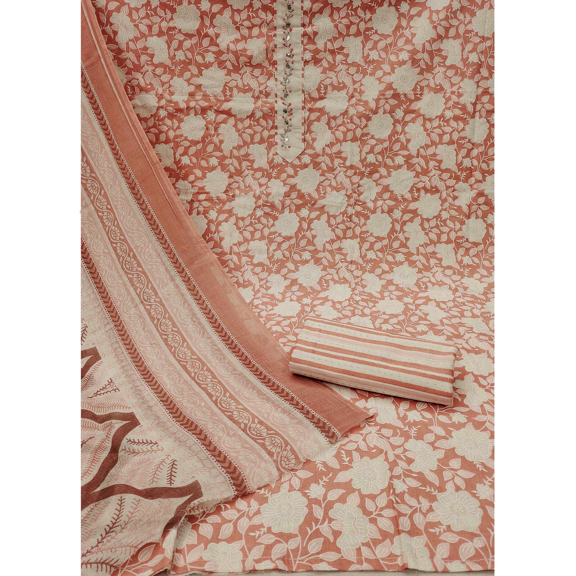 Rust Floral Printed Pure Cotton Dress Material