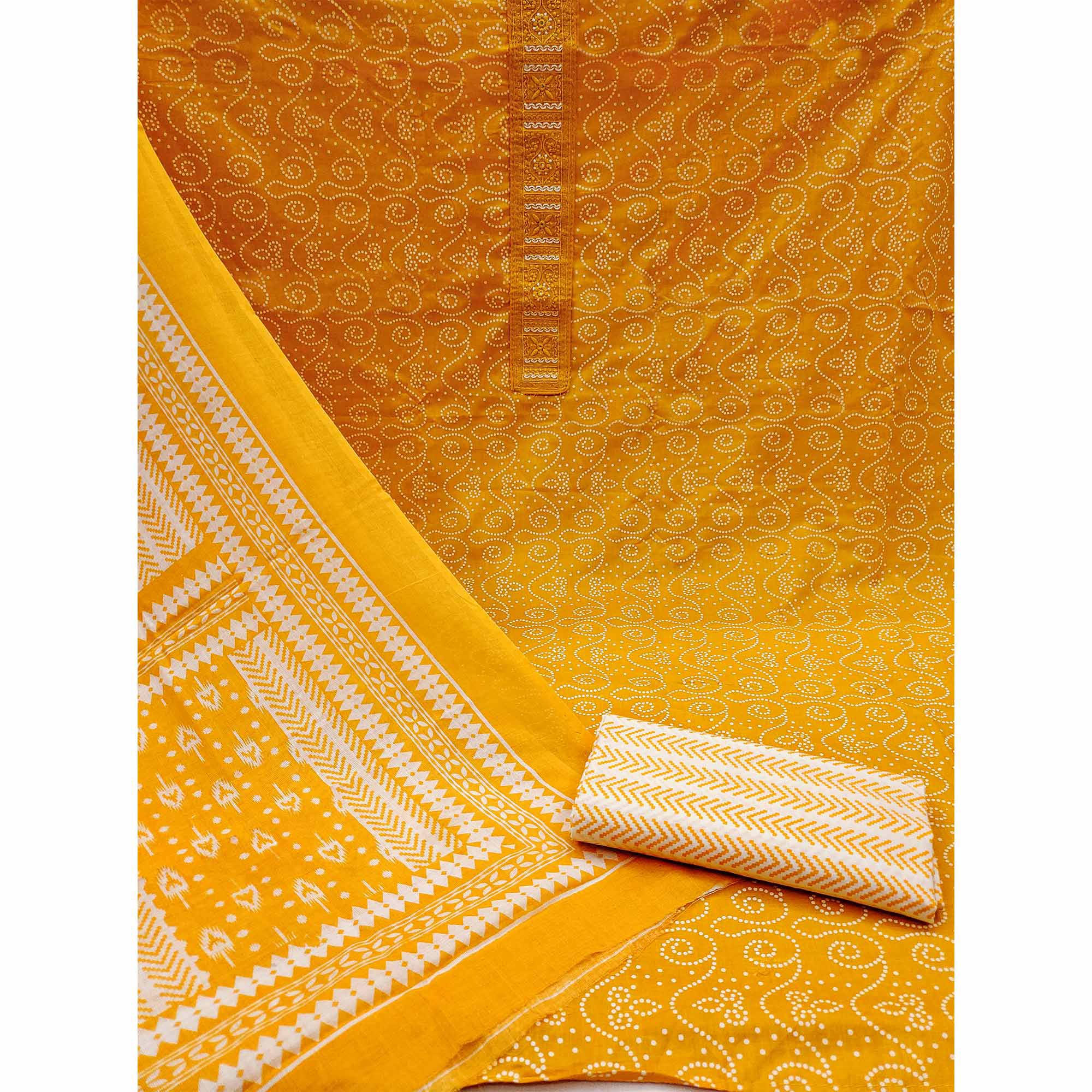 Mustard Printed With Embroidery Pure Cotton Dress Material