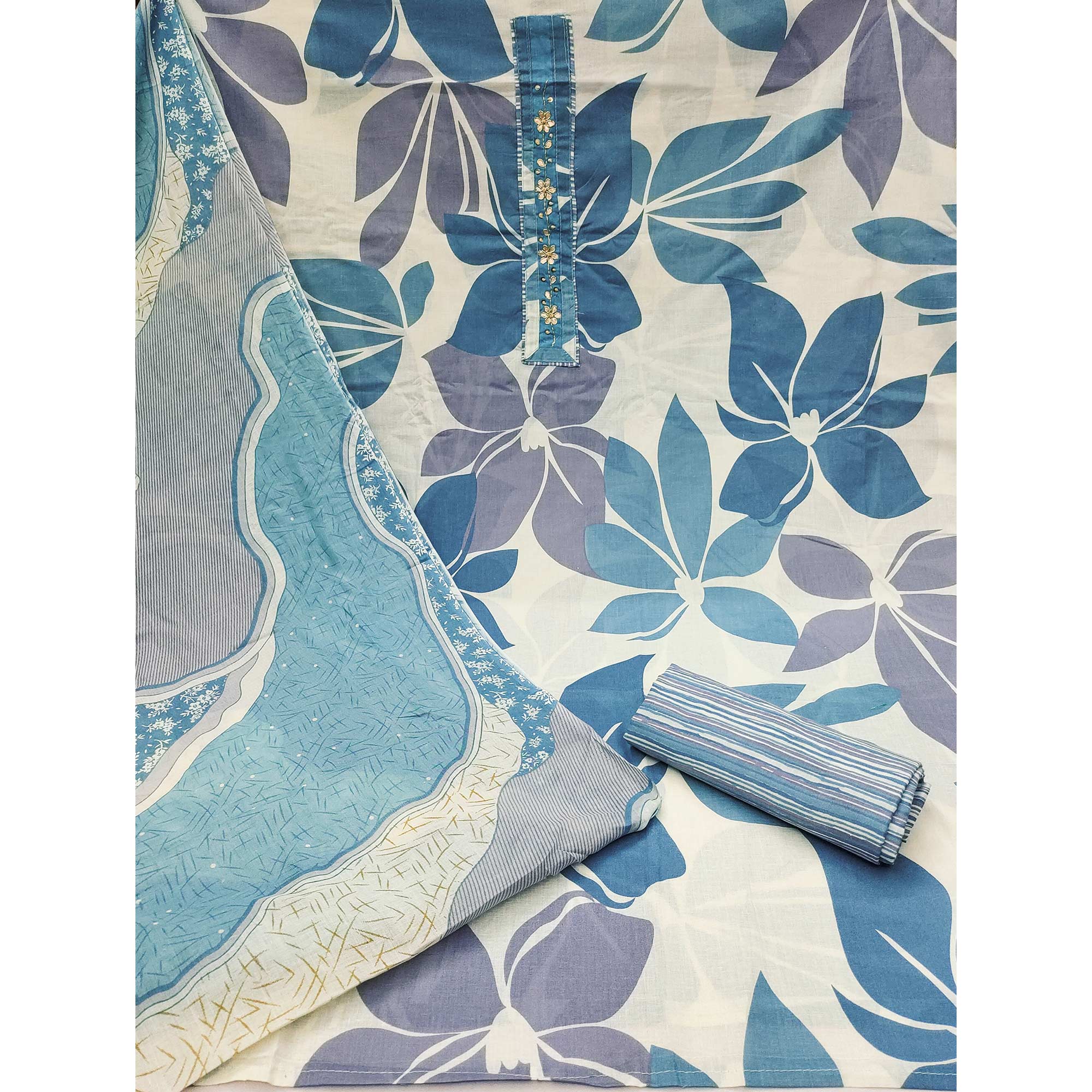 Blue Floral Printed Pure Cotton Dress Material