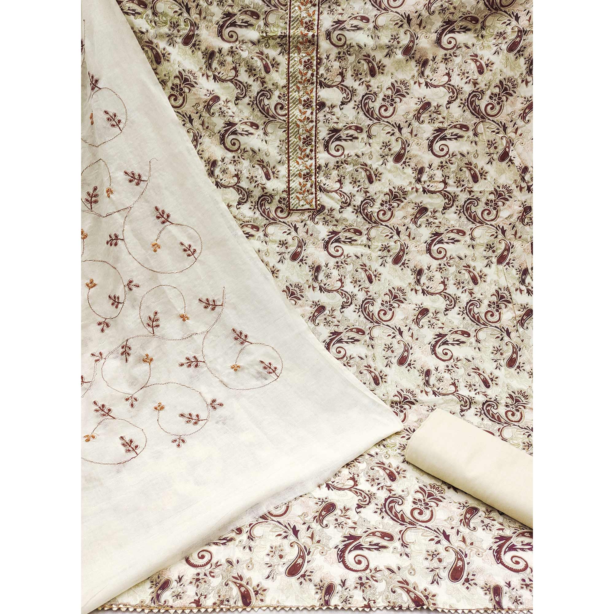 Cream & Wine Floral Printed Pure Cotton Dress Material