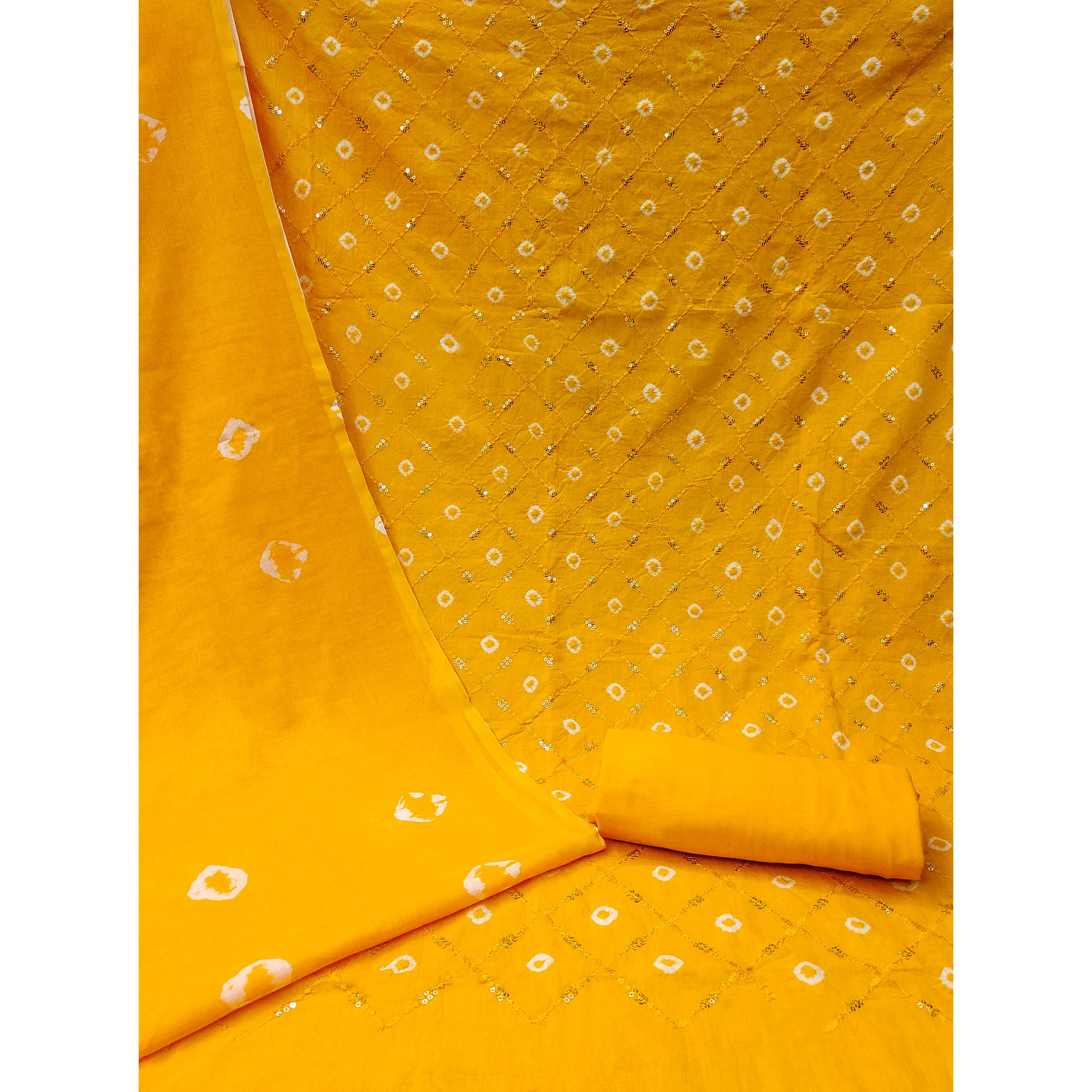 Mustard Bandhani Printed With Embroidered Pure Cotton Dress Material