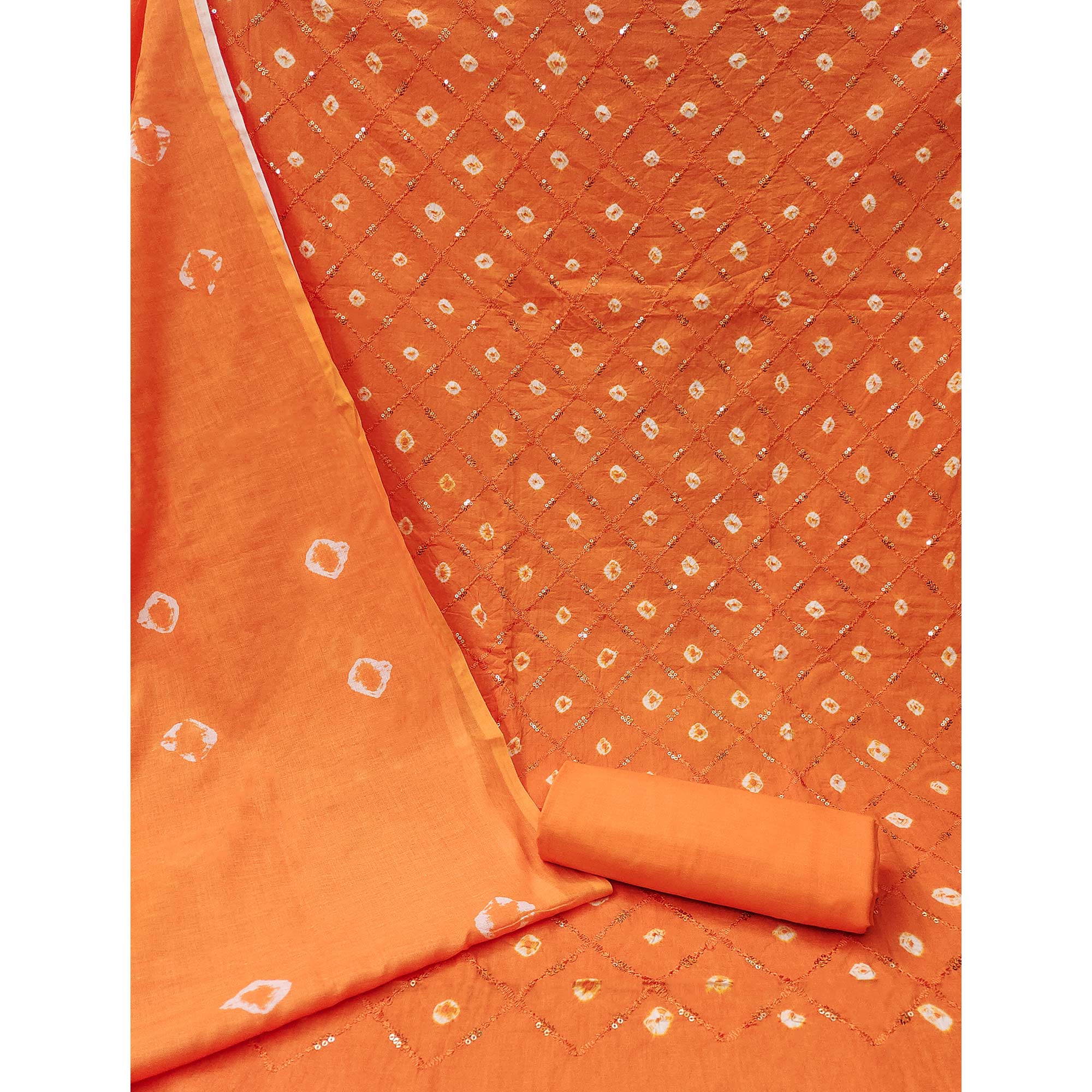 Orange Bandhani Printed With Embroidered Pure Cotton Dress Material