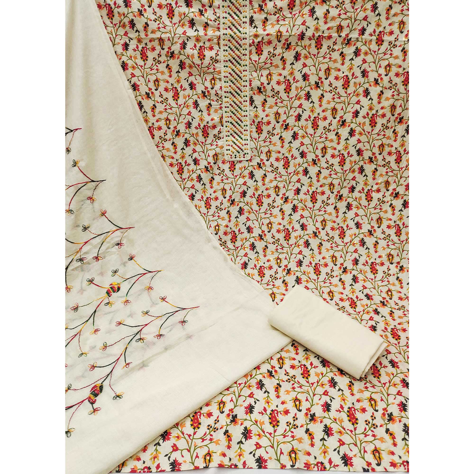 Cream Floral Printed With Embroidered Pure Cotton Dress Material