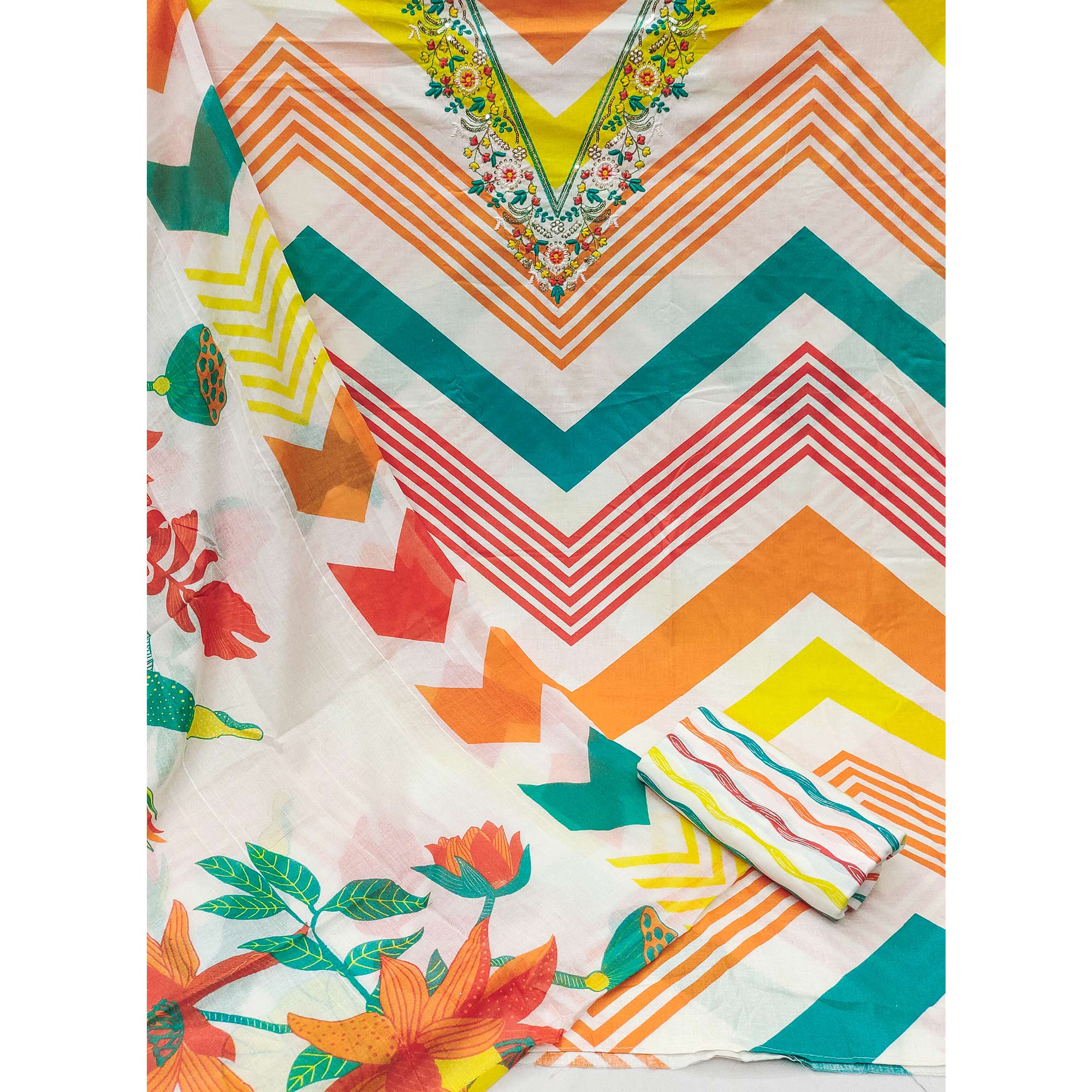 Multicolor Printed With Embroidered Pure Cotton Dress Material